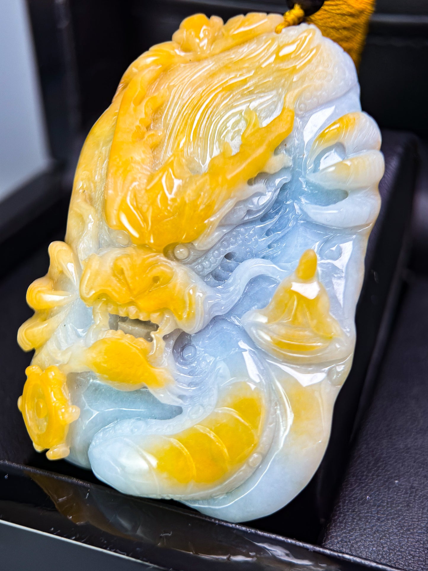 Genuine Jadeite Jade Yellow White Dragon Pendant Necklace