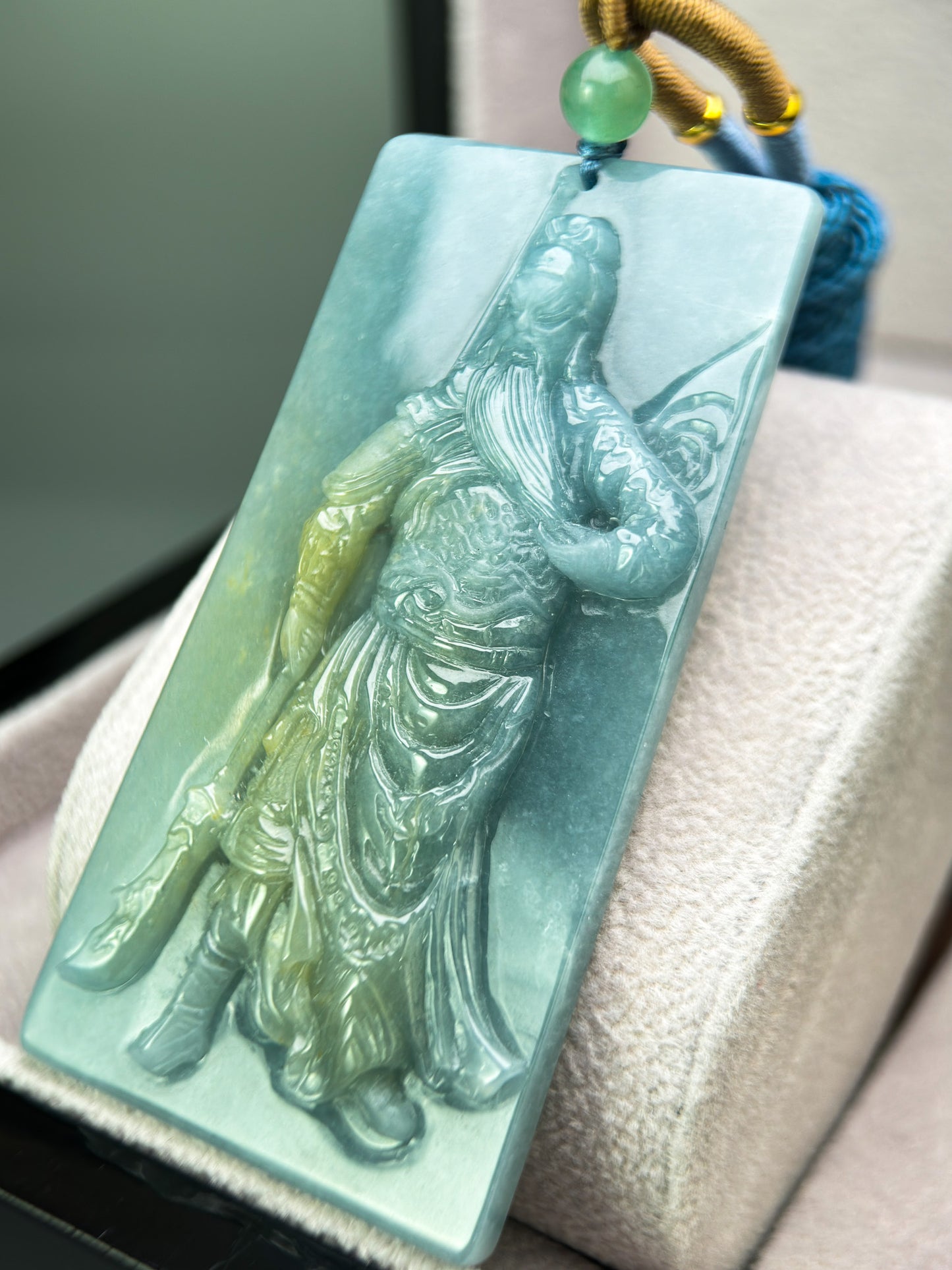 Genuine Jadeite Jade Yellow Blue God of War Pendant Necklace