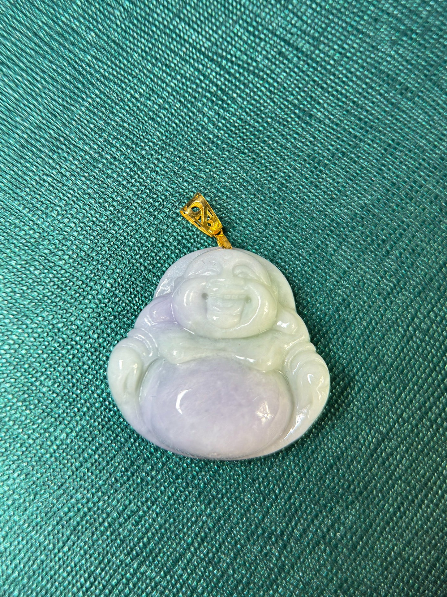 Happy Buddha Green & Lavender Jadeite Jade with 18K Yellow Gold Bail