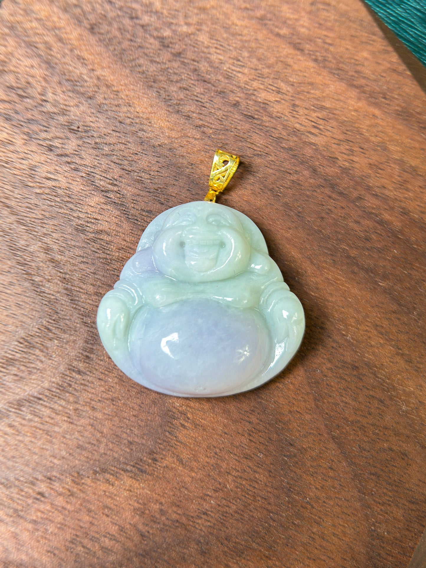 Happy Buddha Green & Lavender Jadeite Jade with 18K Yellow Gold Bail