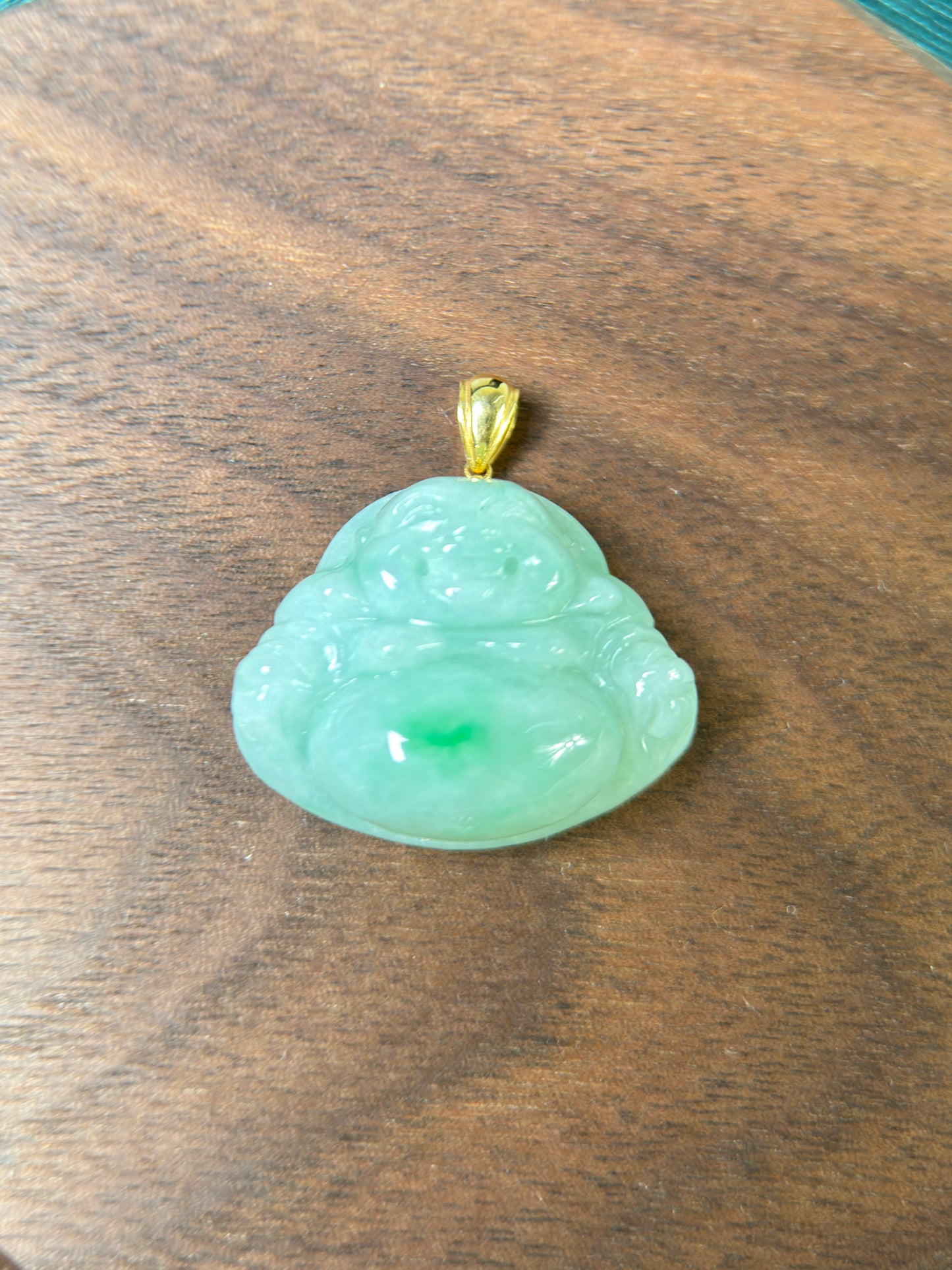 Genuine Burmese Green Jadeite Jade Happy Buddha Pendant with 18K Gold Bail