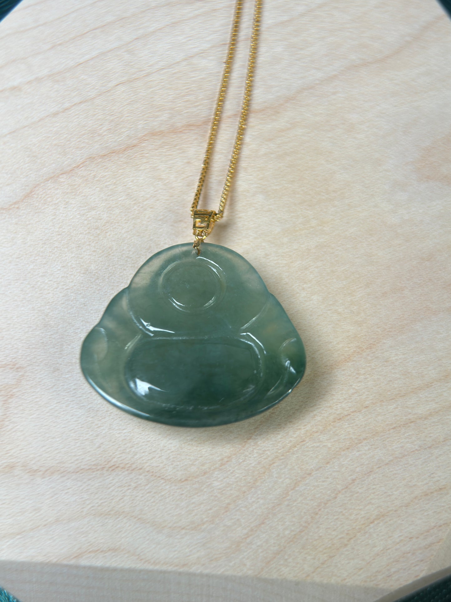 Genuine Burmese Green Jadeite Jade Happy Buddha Pendant with 18K Gold Bail
