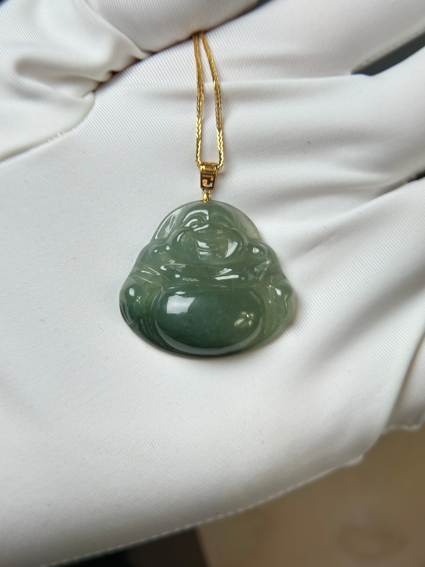 Genuine Burmese Green Jadeite Jade Happy Buddha Pendant with 18K Gold Bail