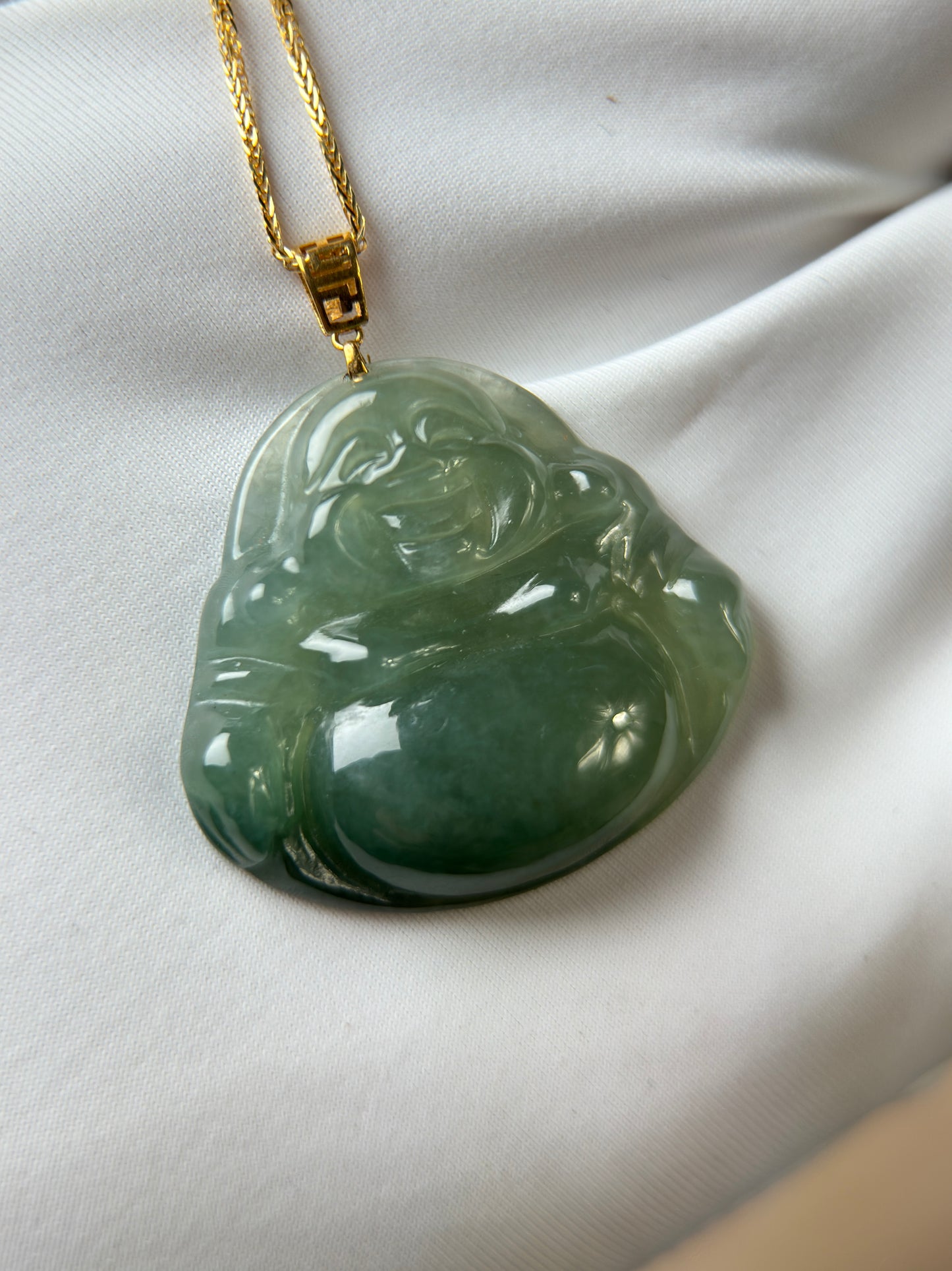 Genuine Burmese Green Jadeite Jade Happy Buddha Pendant with 18K Gold Bail