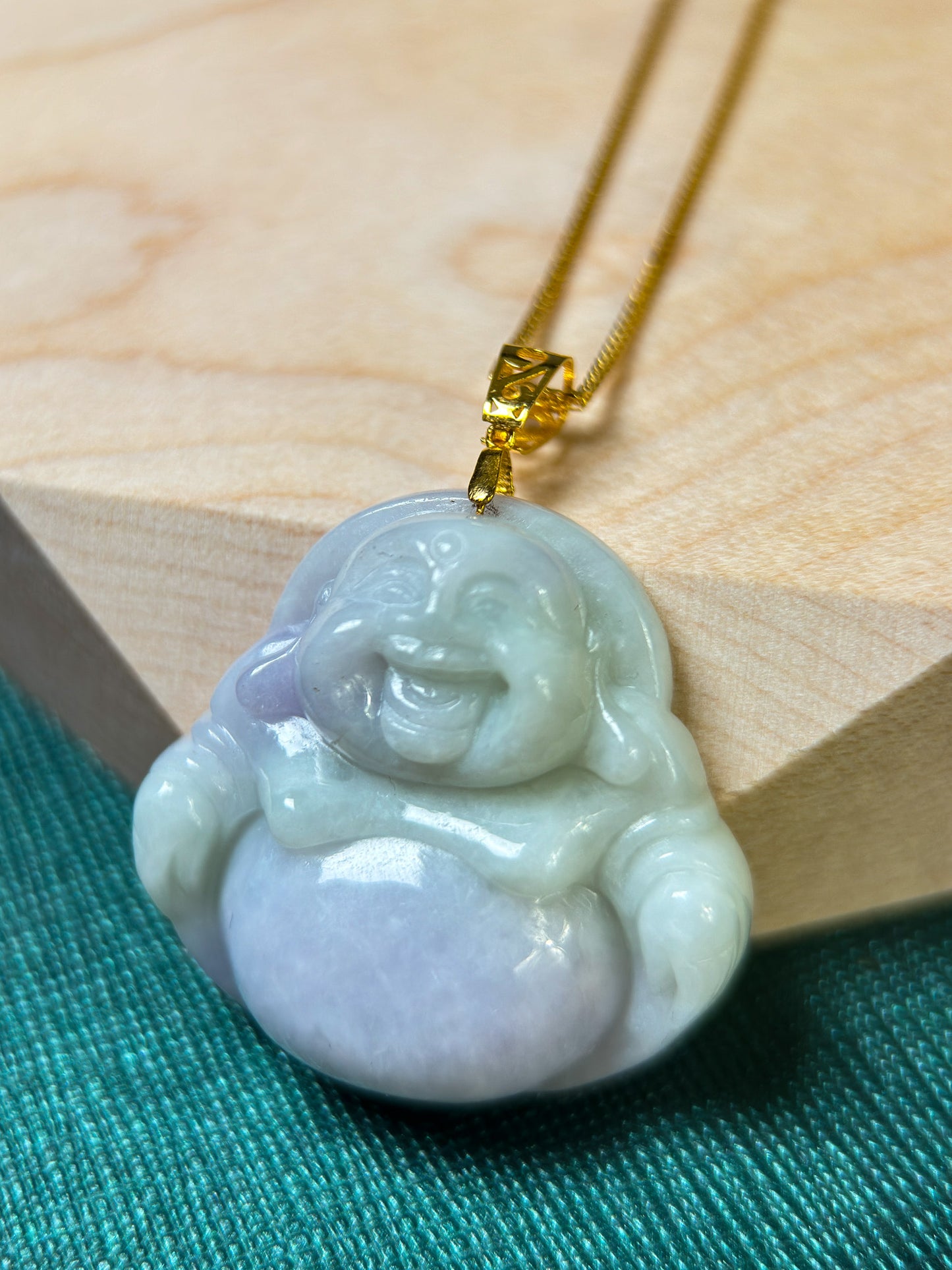 Happy Buddha Green & Lavender Jadeite Jade with 18K Yellow Gold Bail