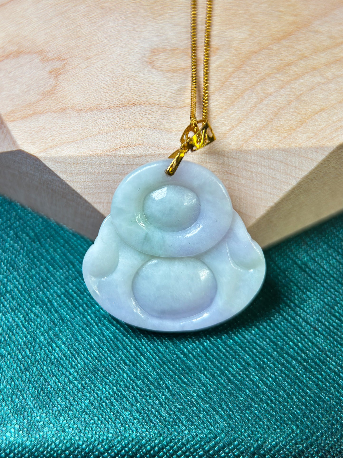 Happy Buddha Green & Lavender Jadeite Jade with 18K Yellow Gold Bail