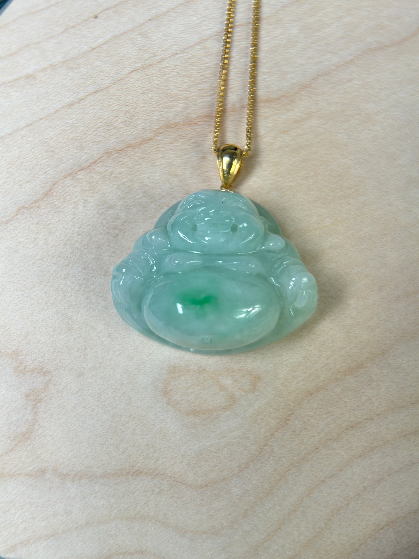 Genuine Burmese Green Jadeite Jade Happy Buddha Pendant with 18K Gold Bail