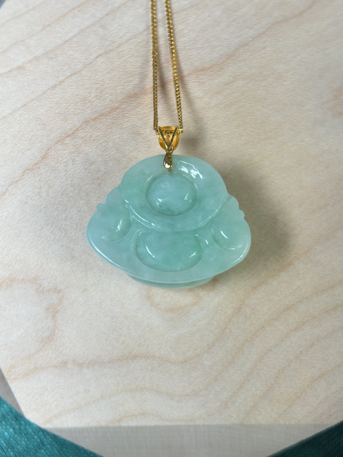 Genuine Burmese Green Jadeite Jade Happy Buddha Pendant with 18K Gold Bail