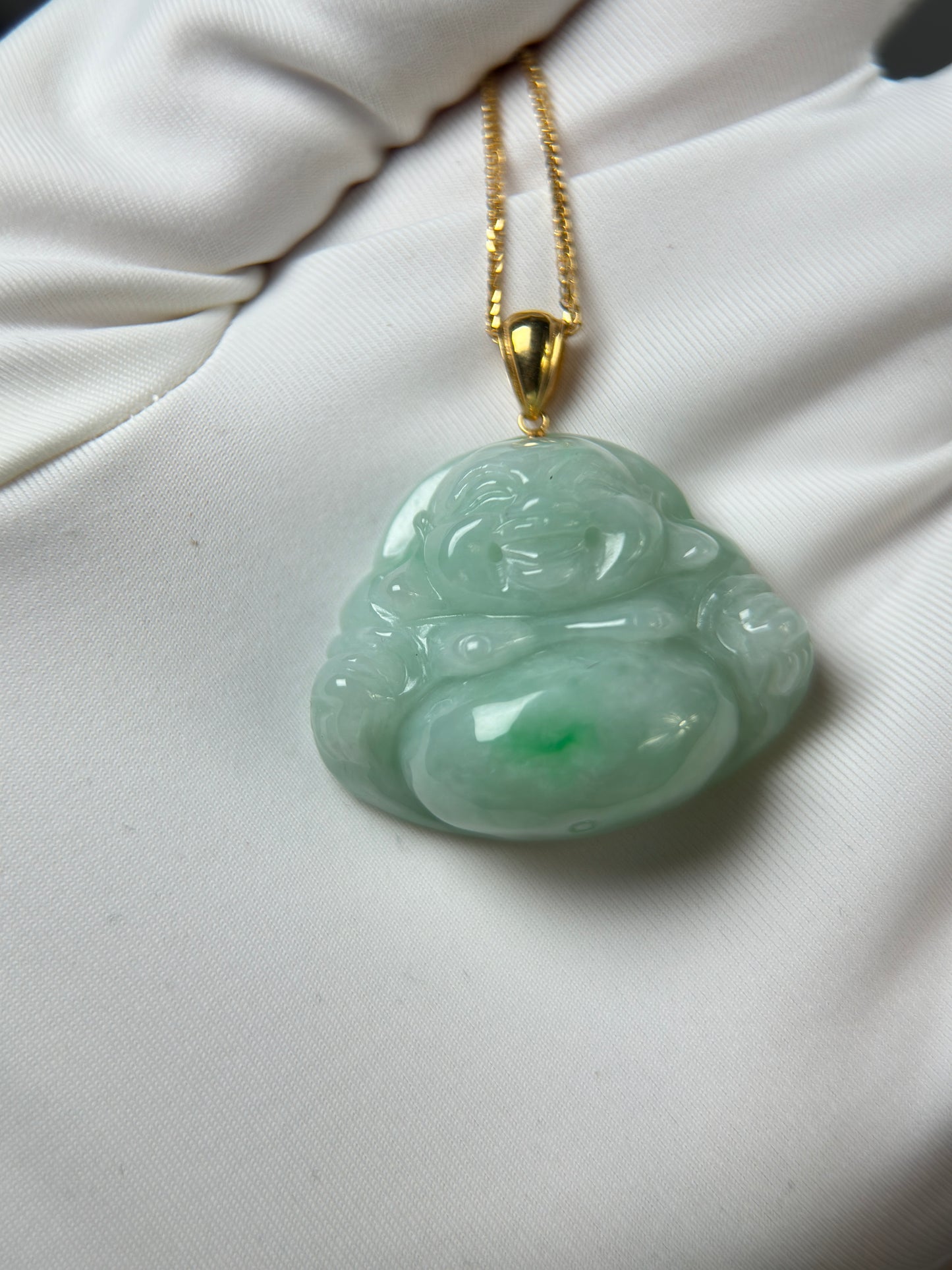 Genuine Burmese Green Jadeite Jade Happy Buddha Pendant with 18K Gold Bail