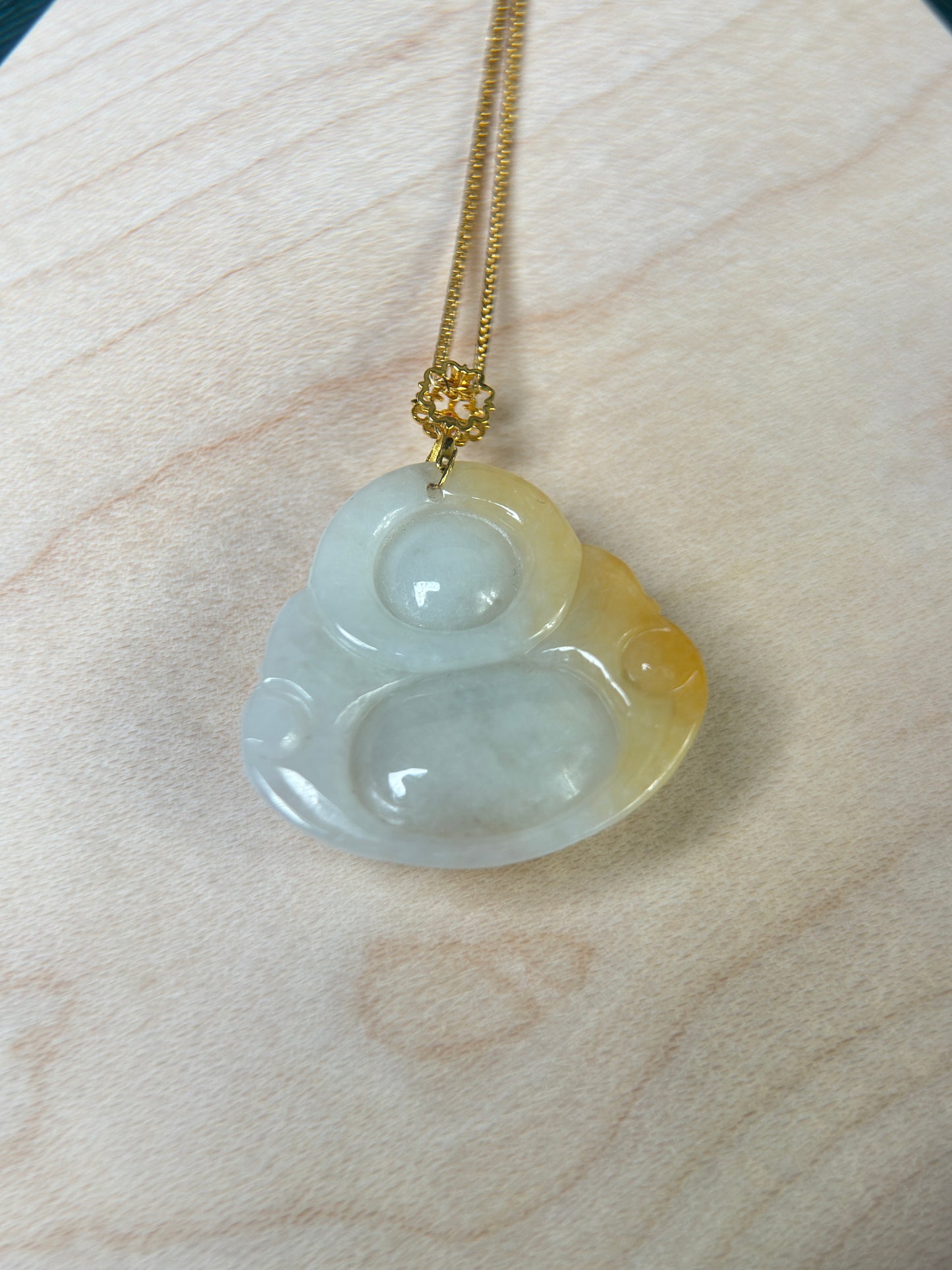 Genuine Burmese Yellow Jadeite Jade Happy Buddha Pendant with 18K Gold Bail