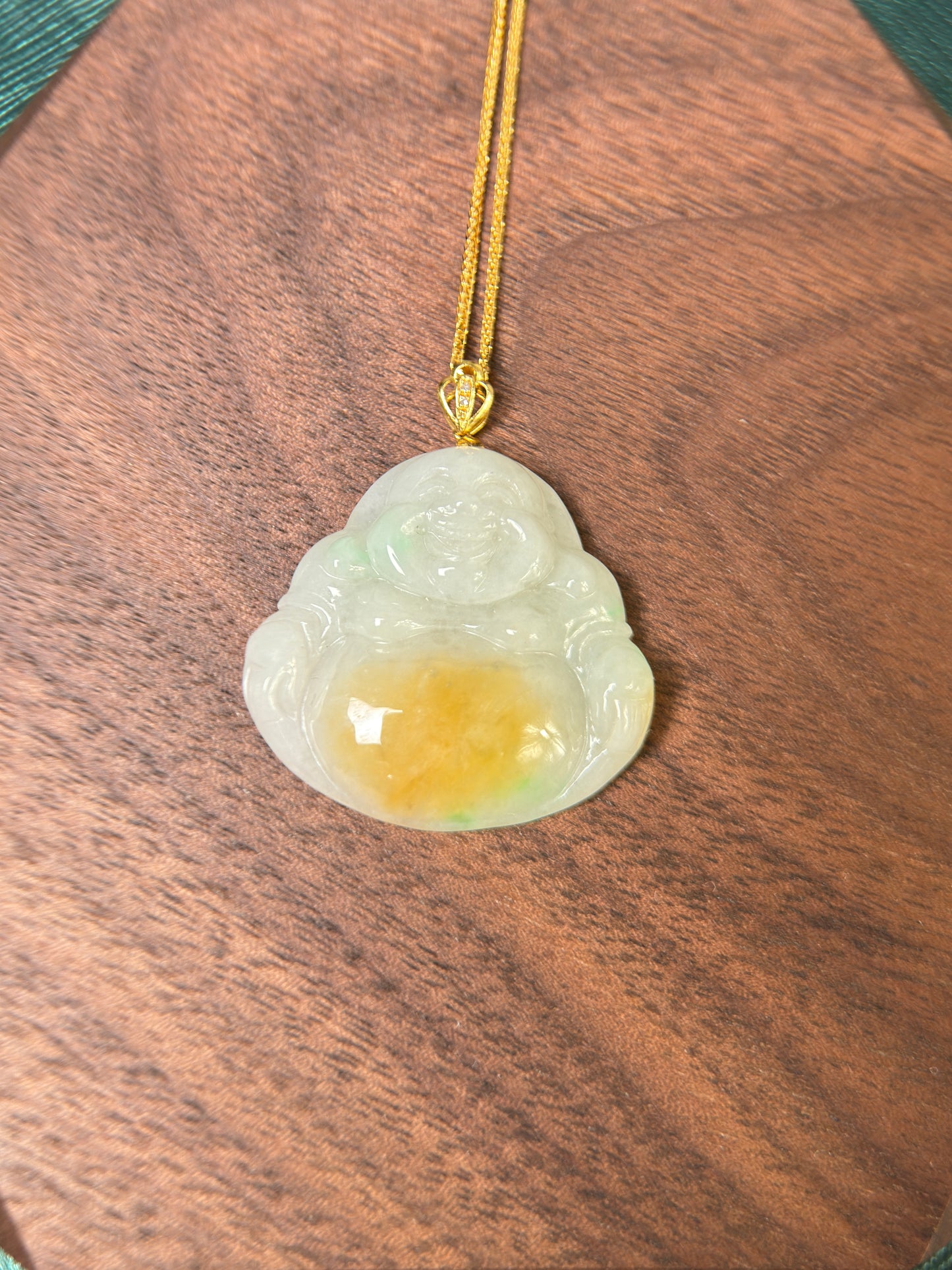 Genuine Burmese Yellow Jadeite Jade Happy Buddha Pendant with 18K Gold Bail