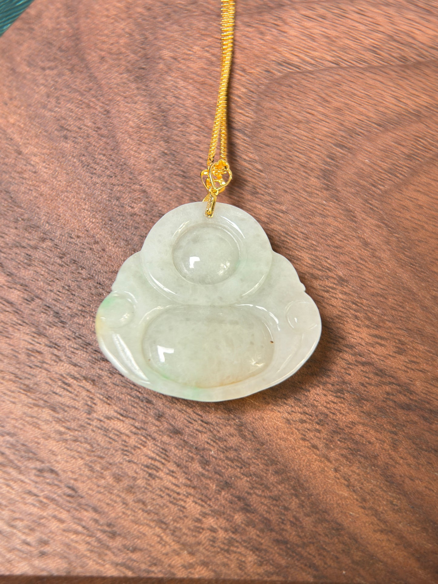 Genuine Burmese Yellow Jadeite Jade Happy Buddha Pendant with 18K Gold Bail