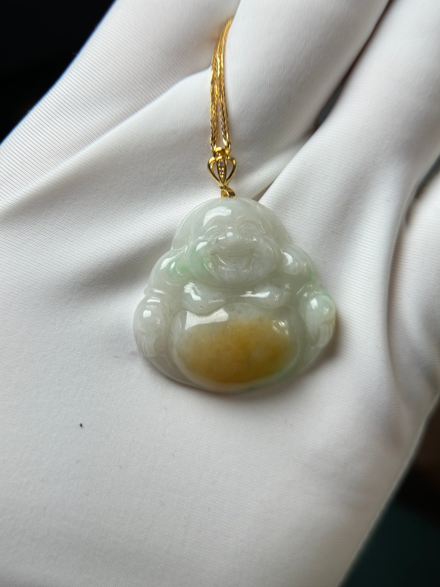 Genuine Burmese Yellow Jadeite Jade Happy Buddha Pendant with 18K Gold Bail