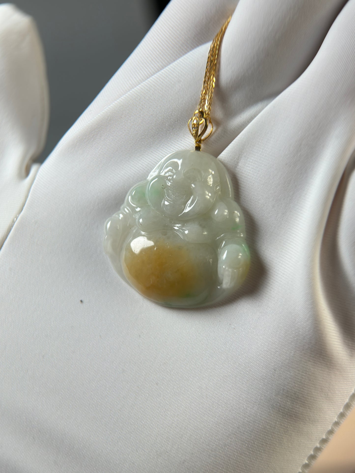 Genuine Burmese Yellow Jadeite Jade Happy Buddha Pendant with 18K Gold Bail