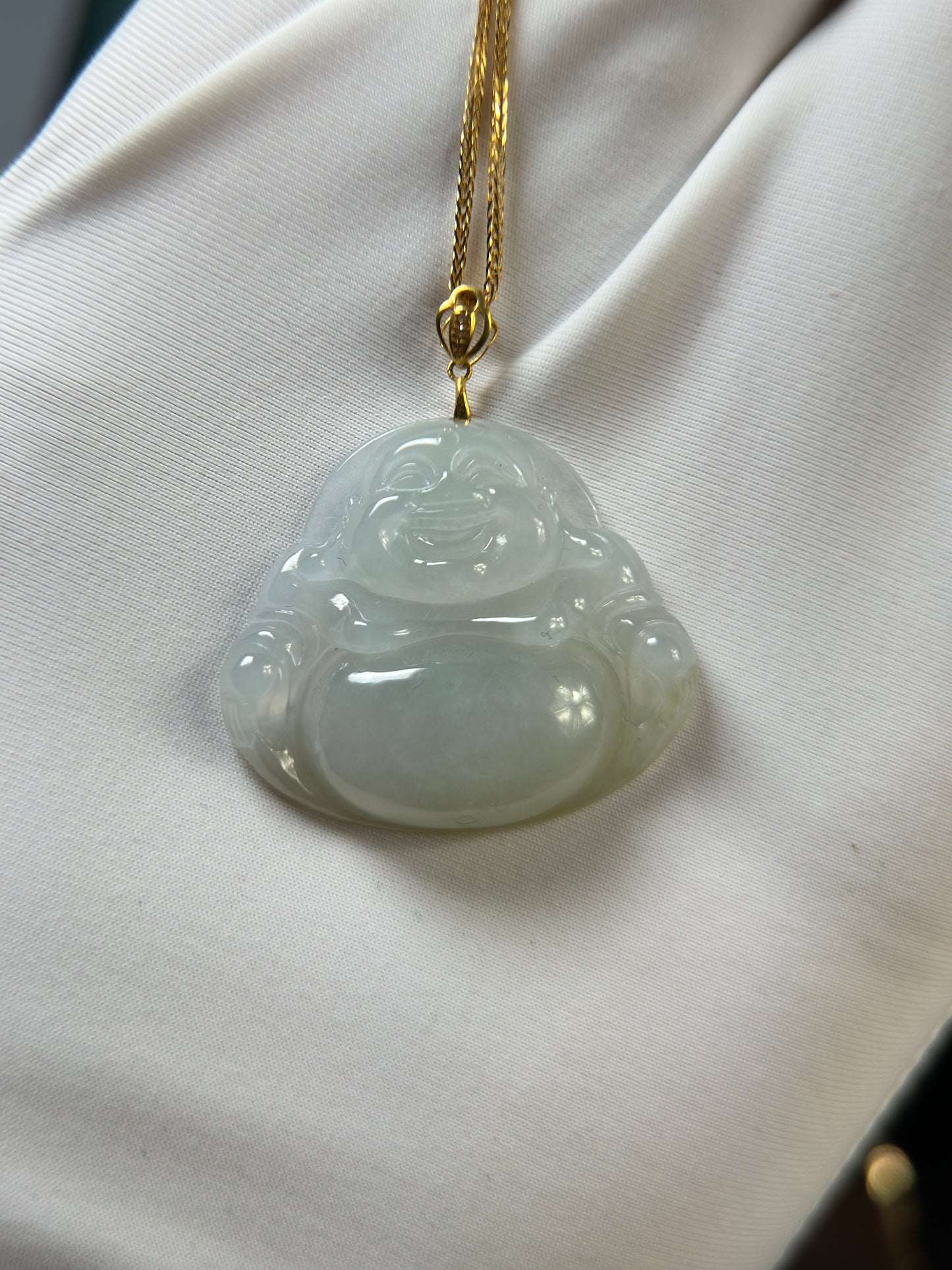 Genuine Burmese Icy Jadeite Jade Happy Buddha Pendant with 18K Gold Bail