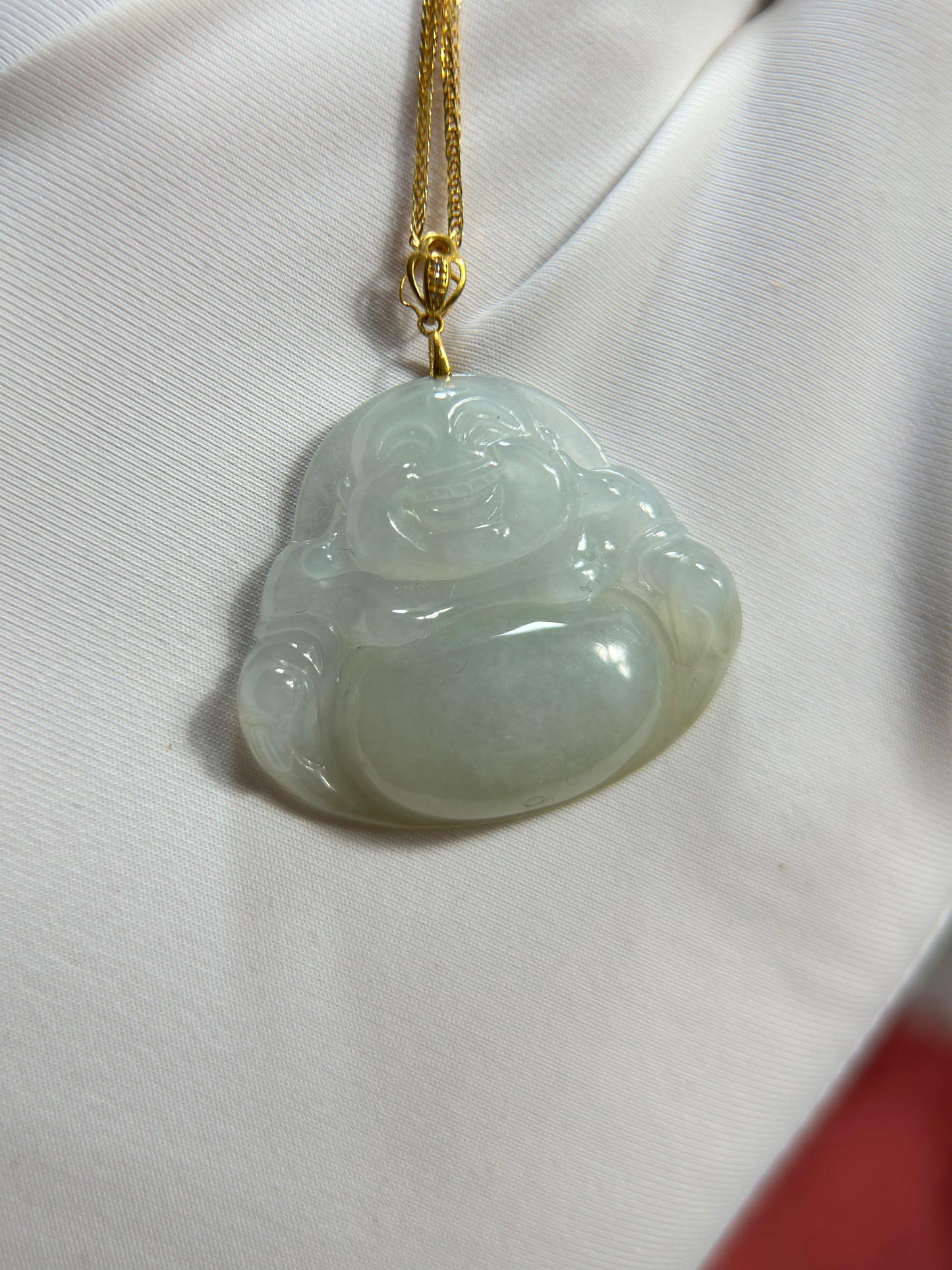 Genuine Burmese Icy Jadeite Jade Happy Buddha Pendant with 18K Gold Bail
