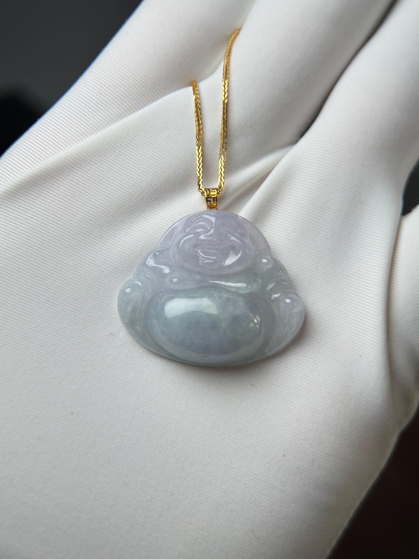 Genuine Burmese Icy Lavender Jadeite Jade Happy Buddha Pendant with 18K Gold Bail