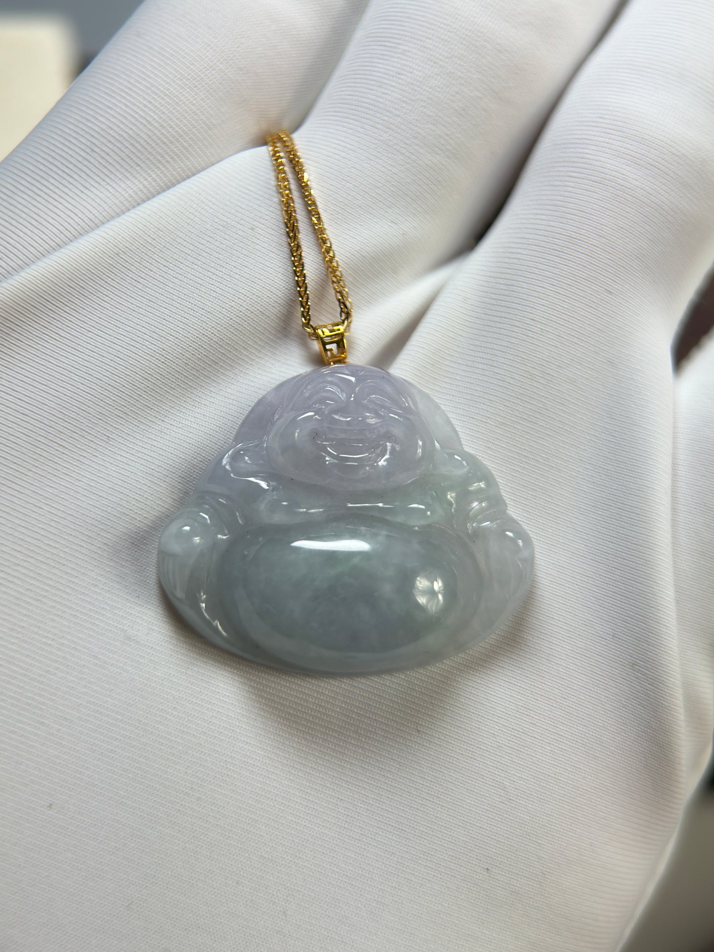 Genuine Burmese Icy Lavender Jadeite Jade Happy Buddha Pendant with 18K Gold Bail