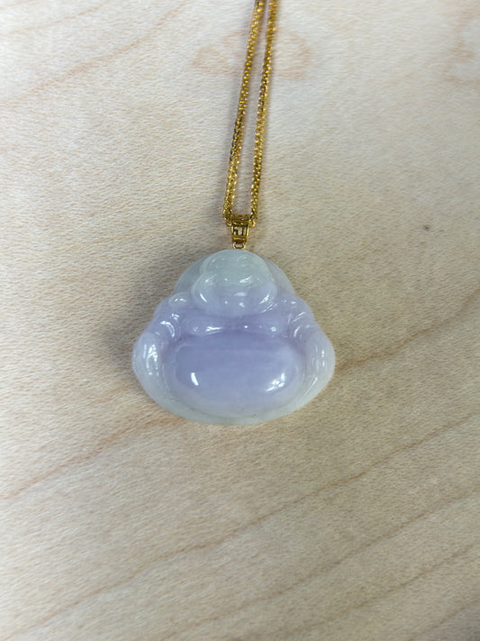 Genuine Burmese Lavender Jadeite Jade Happy Buddha Pendant with 18K Gold Bail