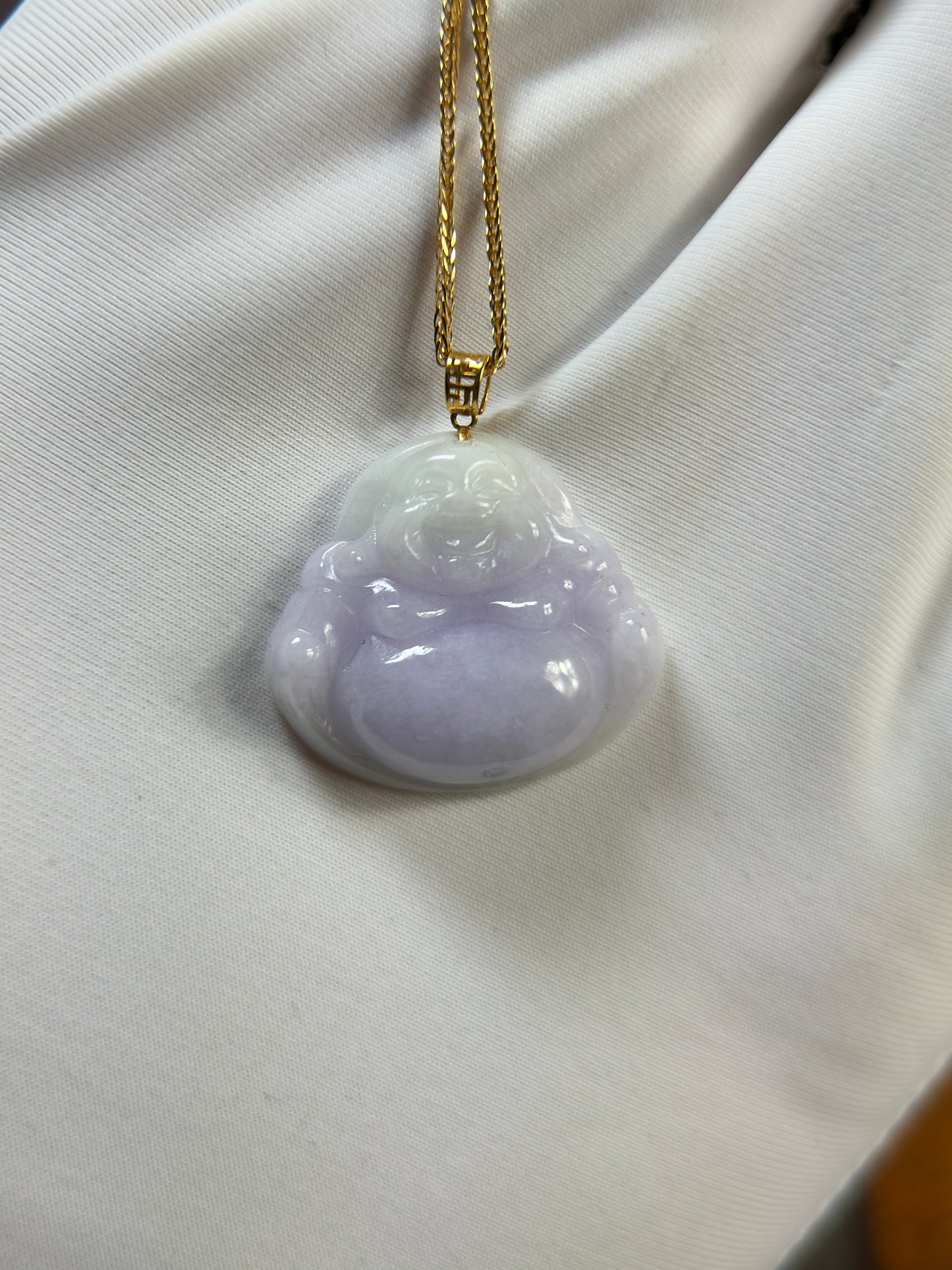 Genuine Burmese Lavender Jadeite Jade Happy Buddha Pendant with 18K Gold Bail