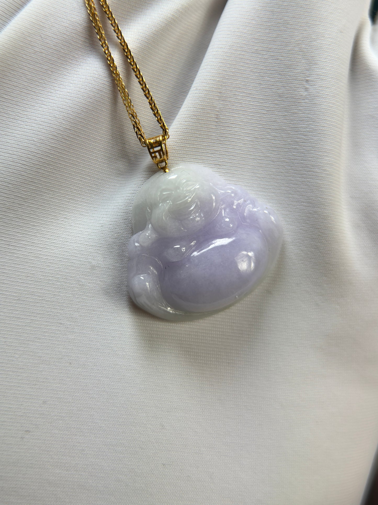 Genuine Burmese Lavender Jadeite Jade Happy Buddha Pendant with 18K Gold Bail