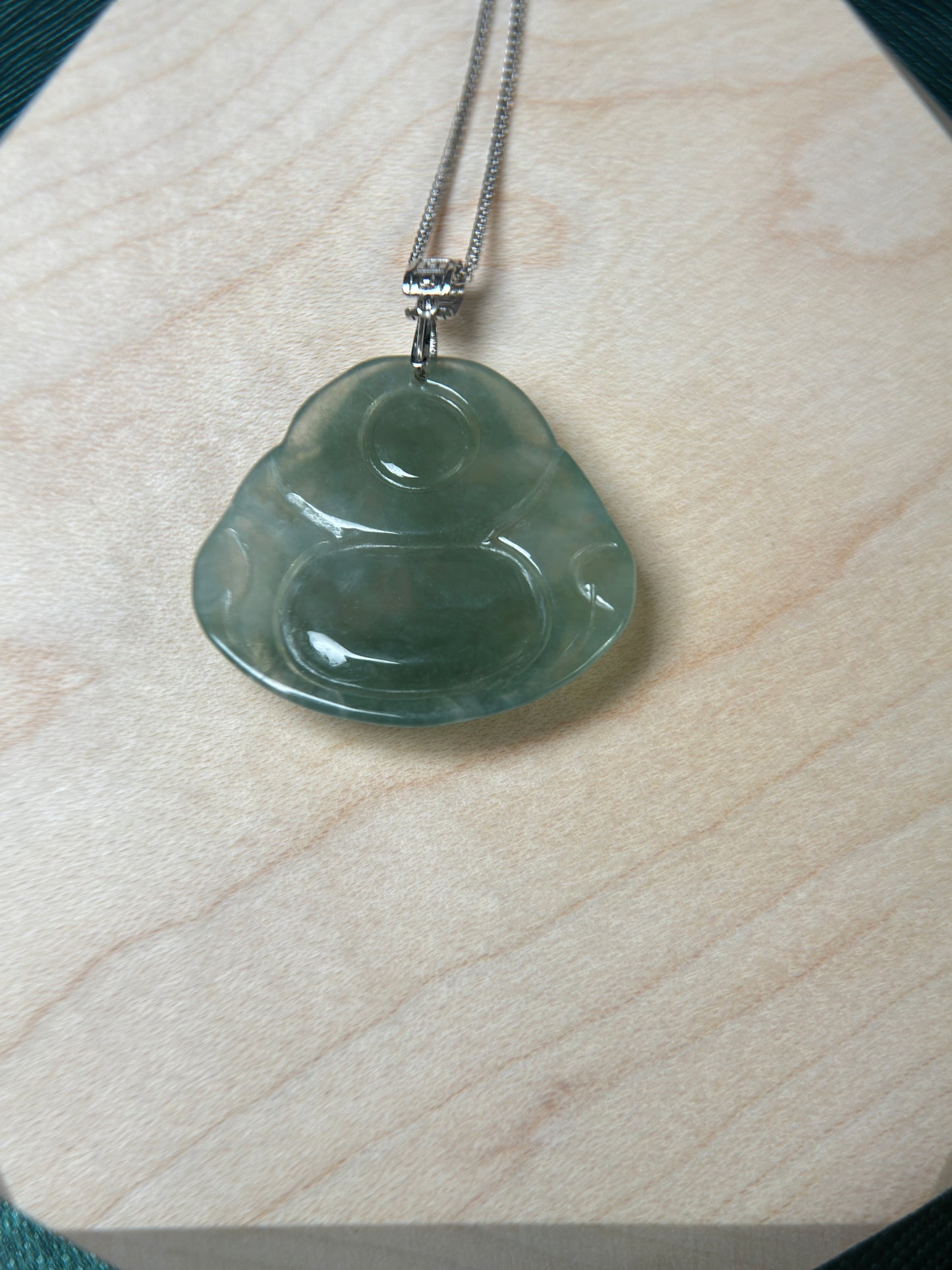 Genuine Burmese Green Jadeite Jade Happy Buddha Pendant with 18K Gold Bail