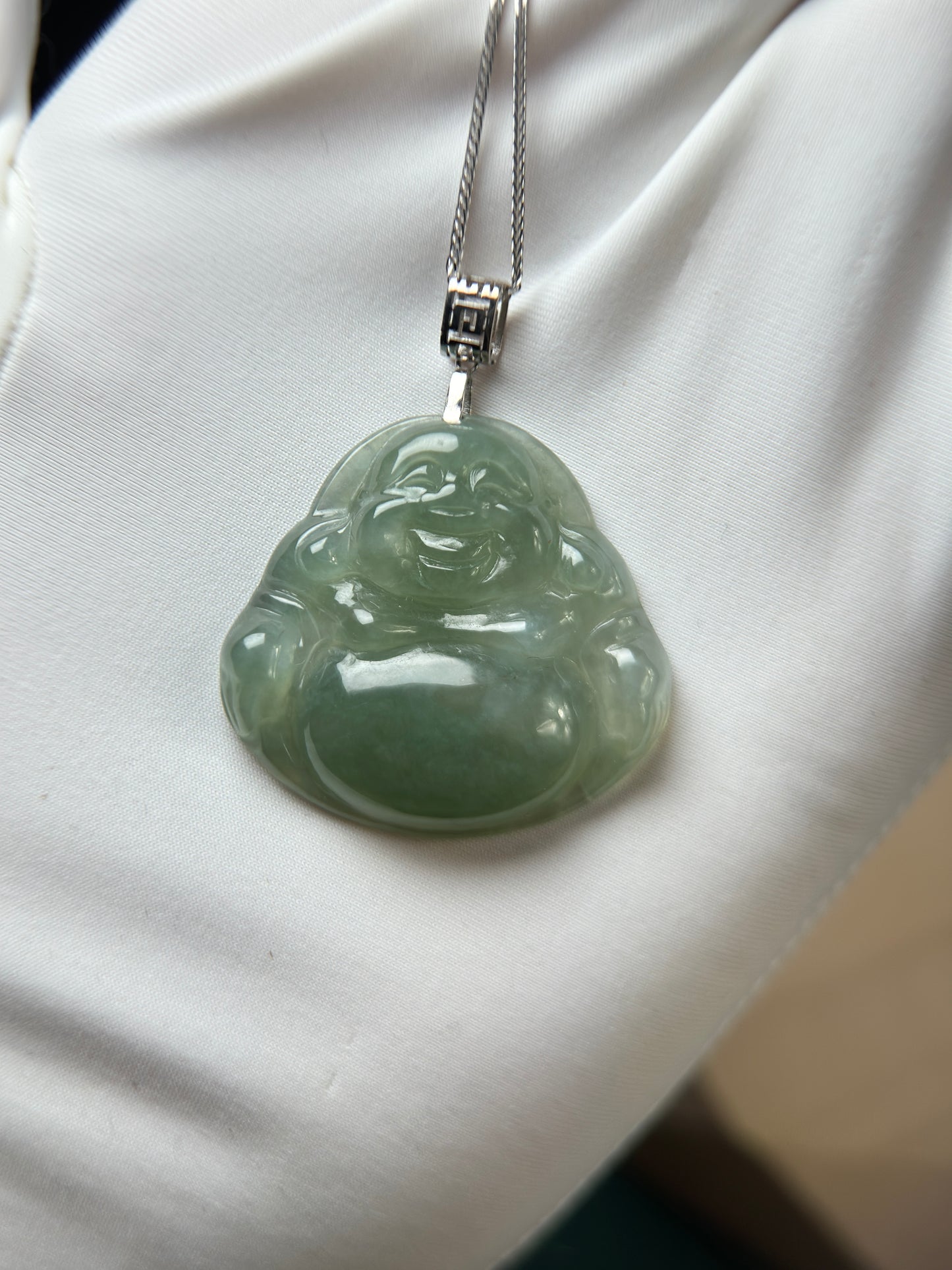 Genuine Burmese Green Jadeite Jade Happy Buddha Pendant with 18K Gold Bail