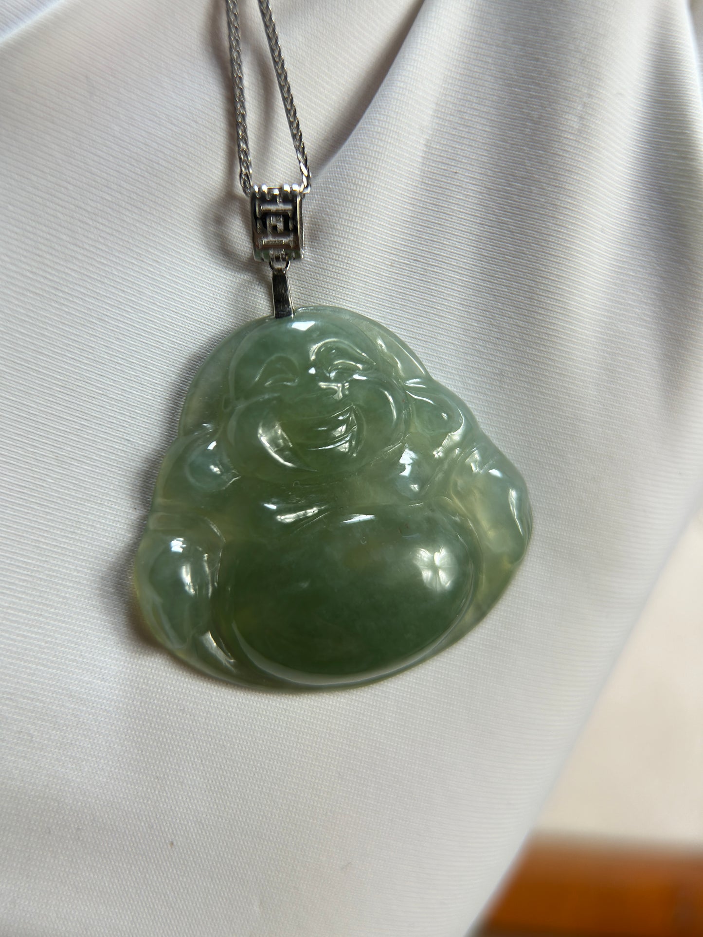 Genuine Burmese Green Jadeite Jade Happy Buddha Pendant with 18K Gold Bail