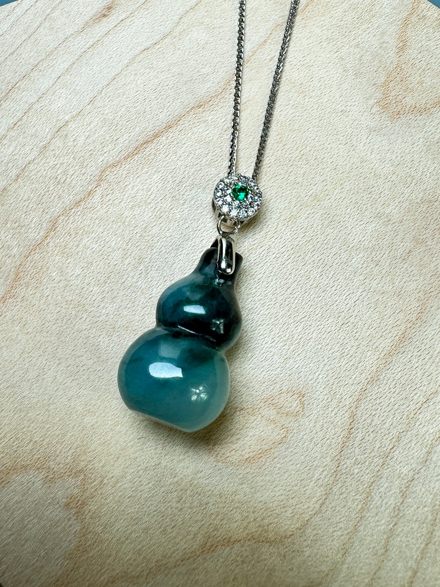 "Lucky Gourd HuLu" Genuine Blue Jadeite Bottle Gourd Pendant Necklace