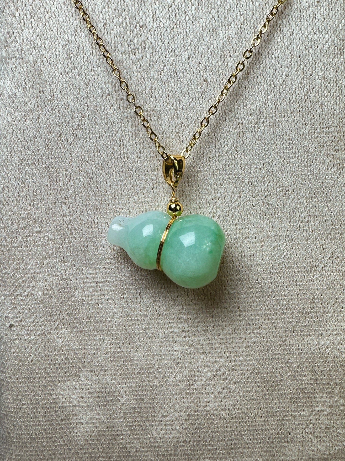 "Lucky Gourd HuLu" Genuine Icy Green Jadeite Bottle Gourd Pendant Necklace