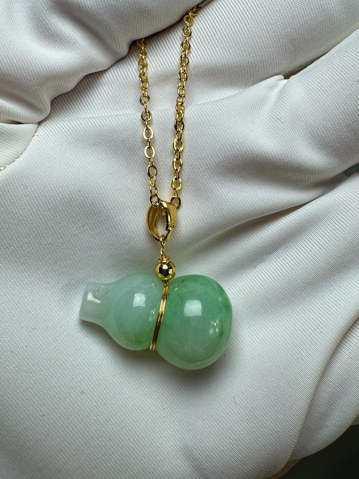 "Lucky Gourd HuLu" Genuine Icy Green Jadeite Bottle Gourd Pendant Necklace