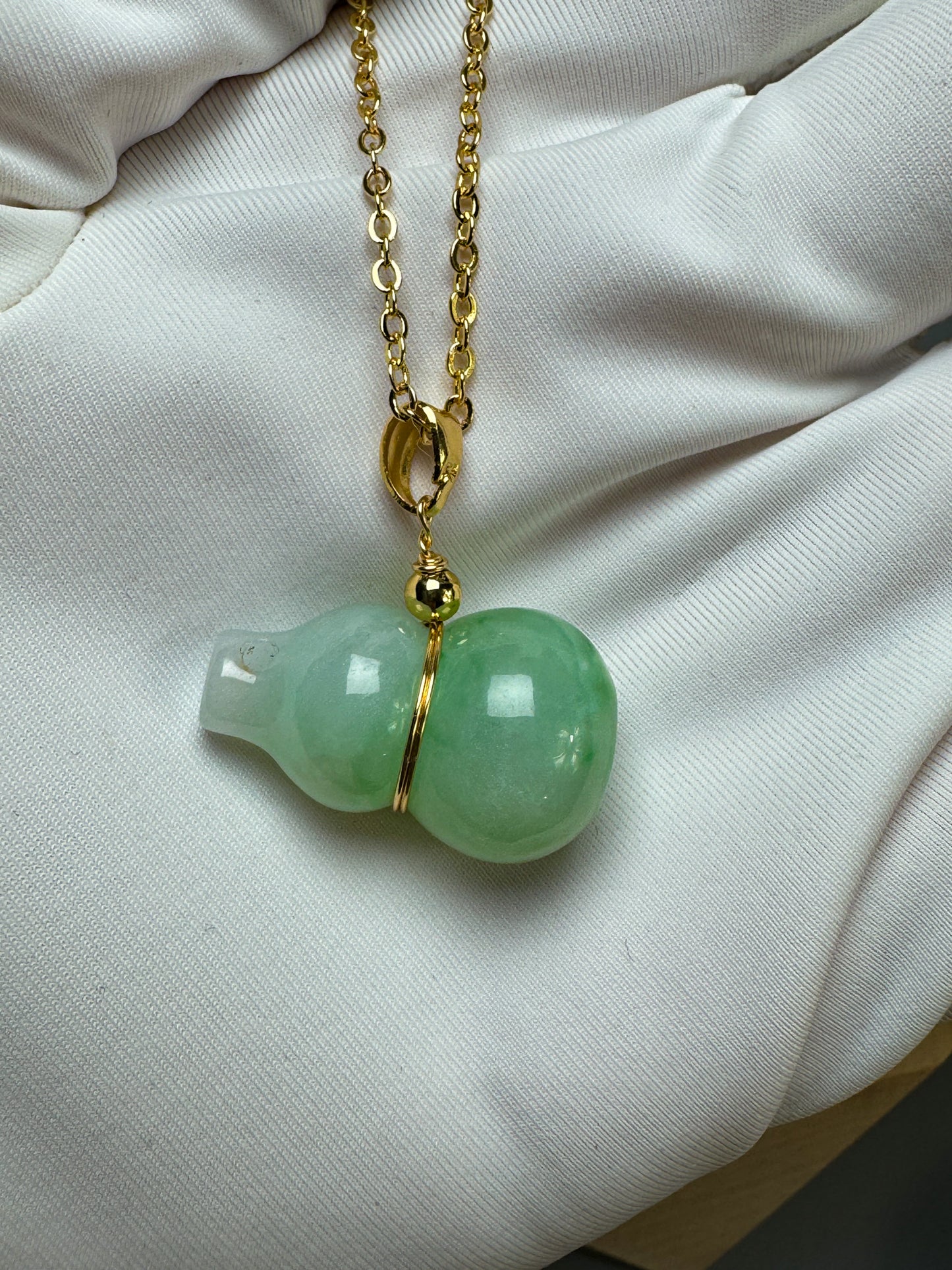 "Lucky Gourd HuLu" Genuine Icy Green Jadeite Bottle Gourd Pendant Necklace