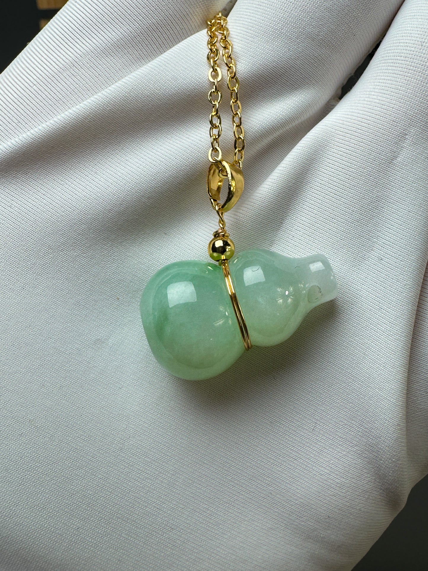 "Lucky Gourd HuLu" Genuine Icy Green Jadeite Bottle Gourd Pendant Necklace