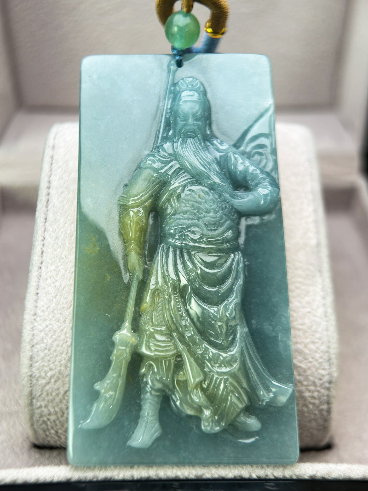 Genuine Jadeite Jade Yellow Blue God of War Pendant Necklace