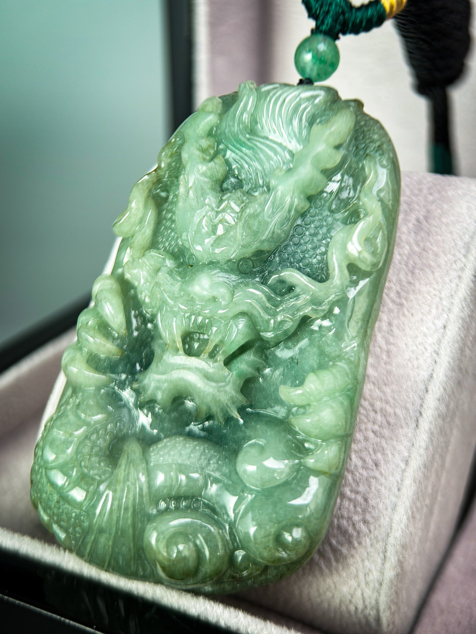 Genuine Jadeite Jade Green Dragon Pendant Necklace