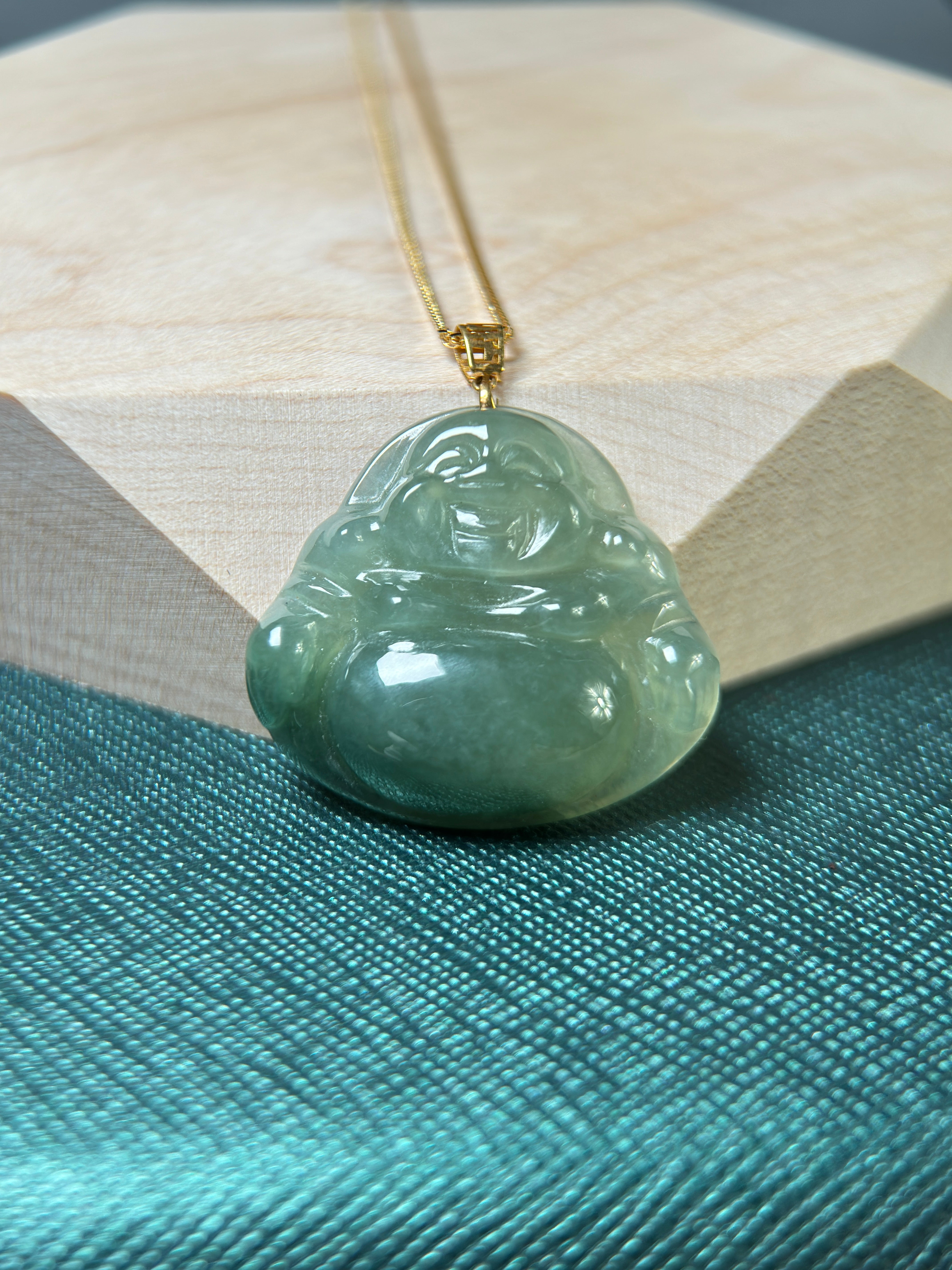 Genuine Burmese Green Jadeite Jade Happy Buddha Pendant with 18K Gold Bail