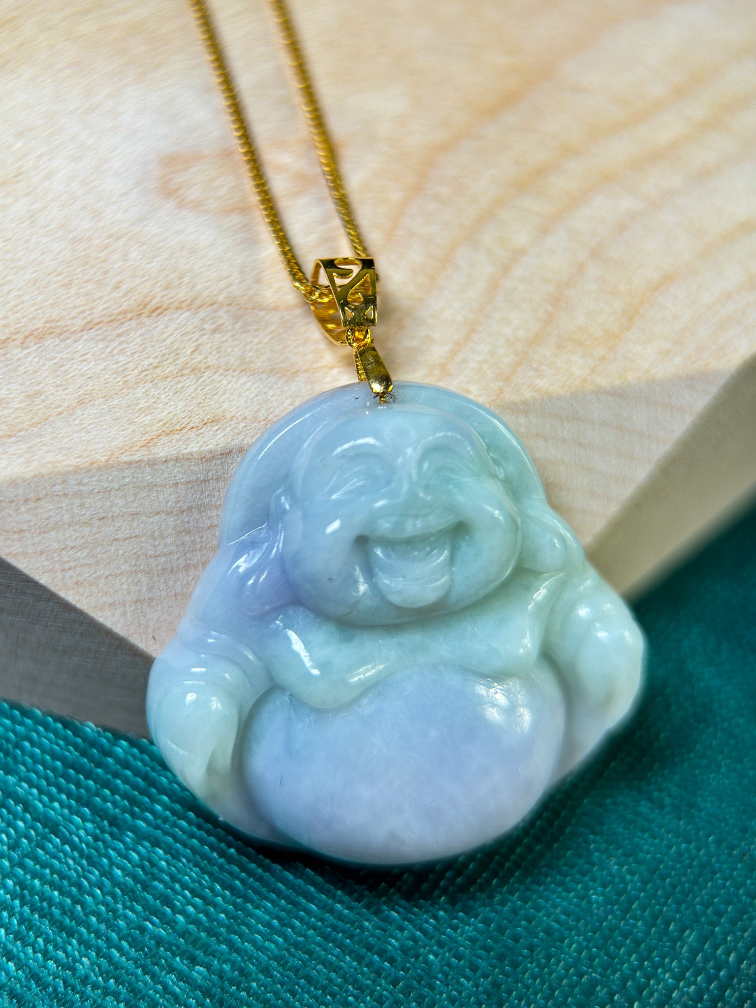 Happy Buddha Green & Lavender Jadeite Jade with 18K Yellow Gold Bail