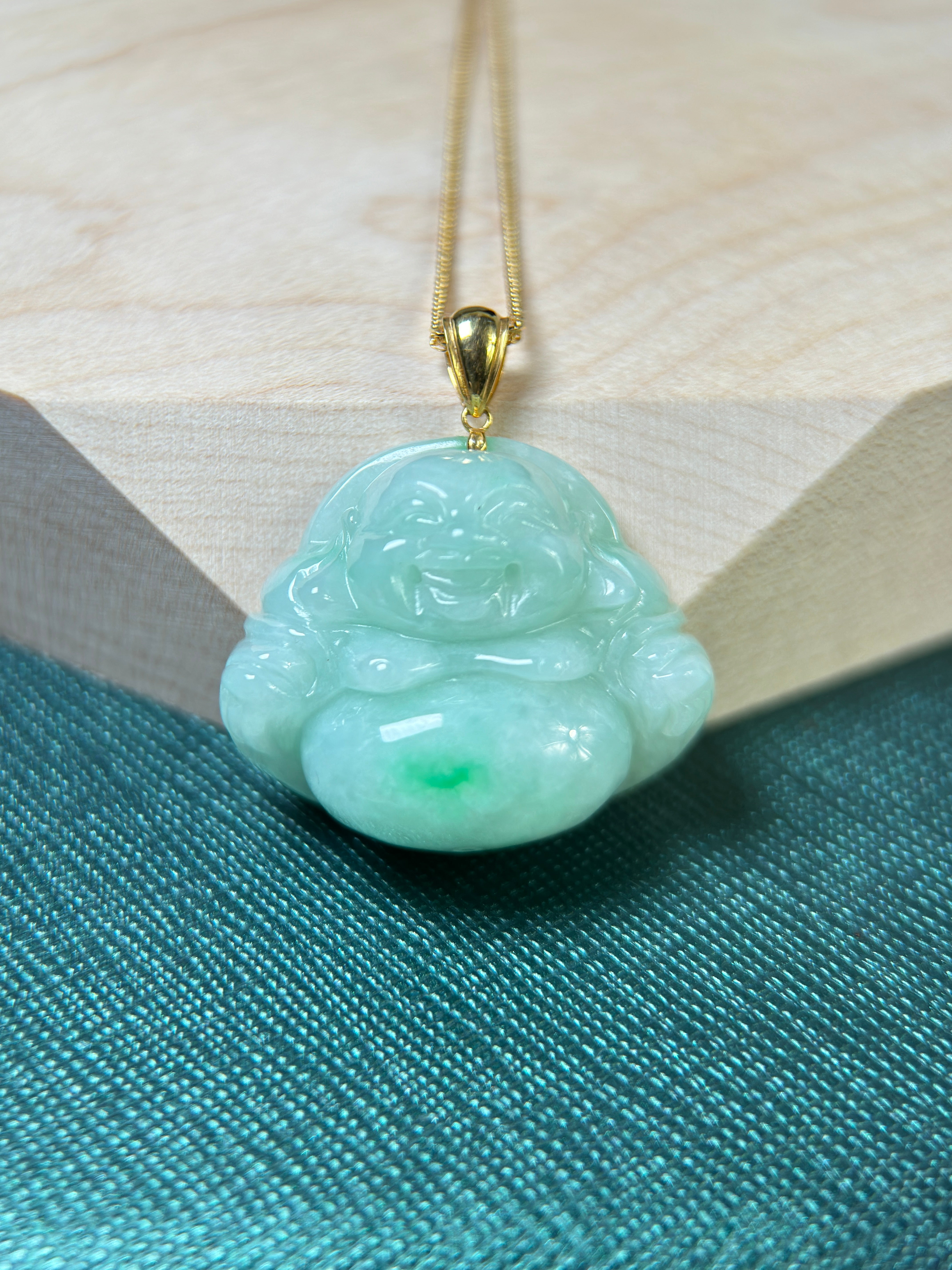 Genuine Burmese Green Jadeite Jade Happy Buddha Pendant with 18K Gold Bail