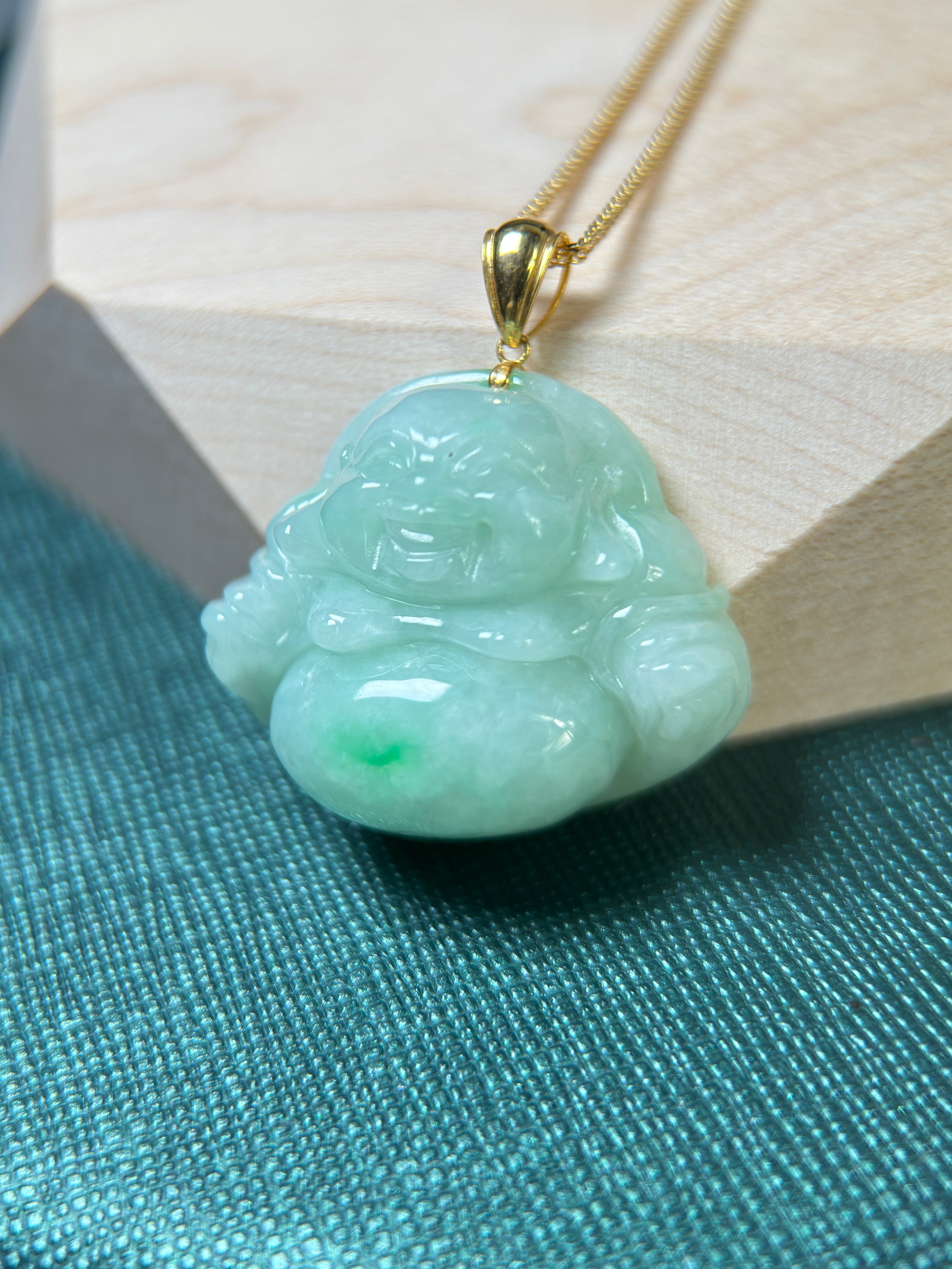 Genuine Burmese Green Jadeite Jade Happy Buddha Pendant with 18K Gold Bail