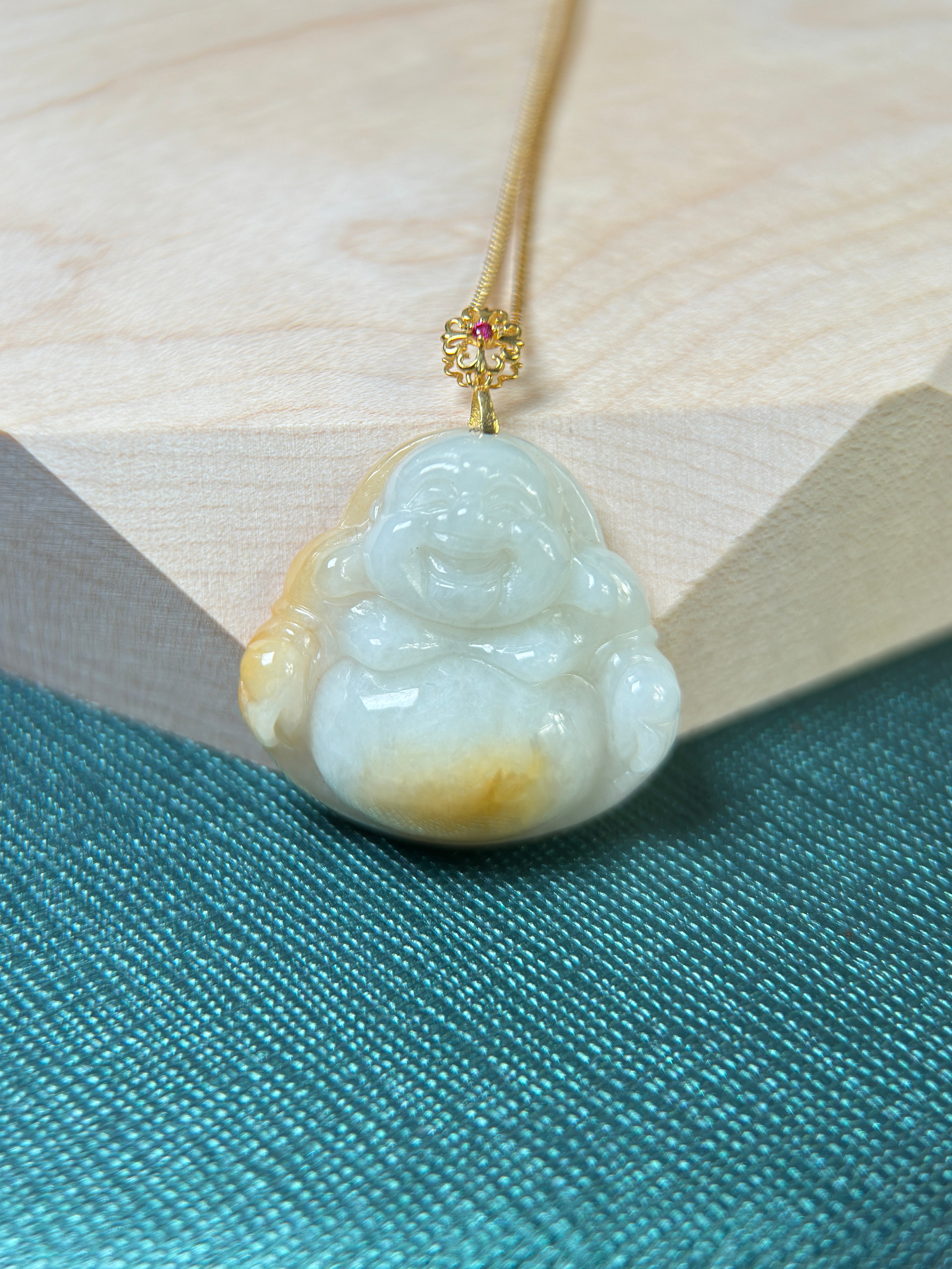 Genuine Burmese Yellow Jadeite Jade Happy Buddha Pendant with 18K Gold Bail