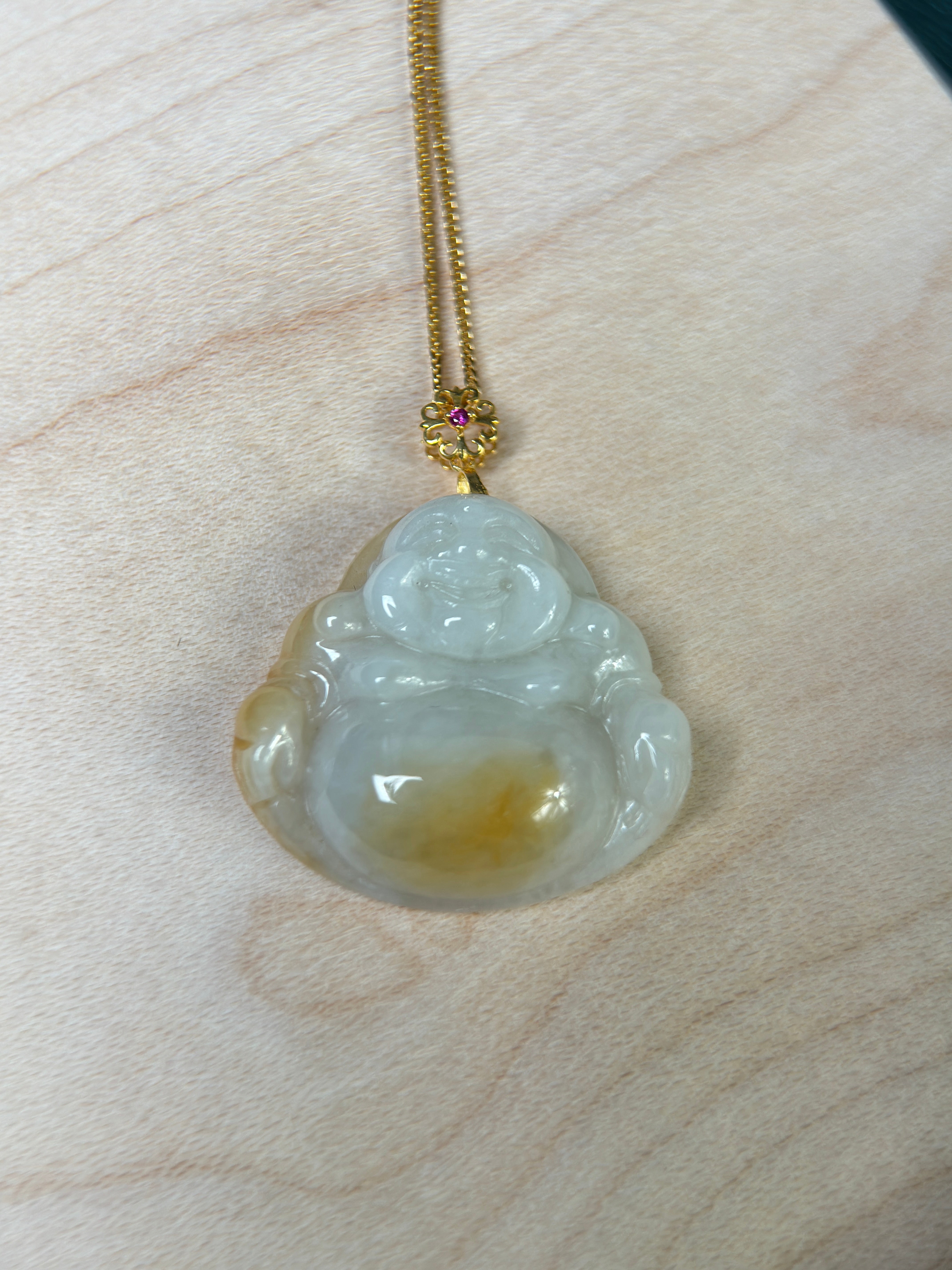 Genuine Burmese Yellow Jadeite Jade Happy Buddha Pendant with 18K Gold Bail