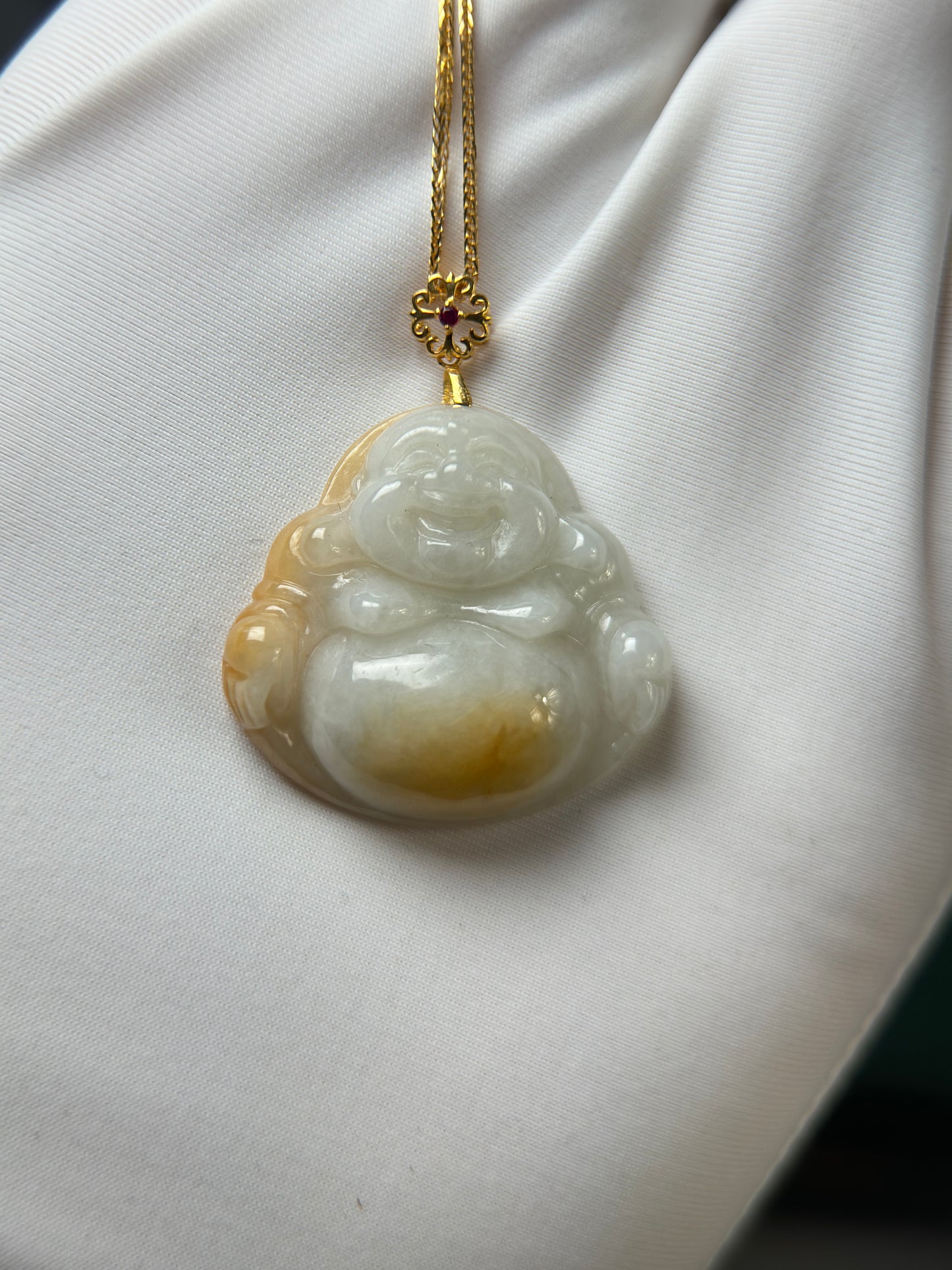 Genuine Burmese Yellow Jadeite Jade Happy Buddha Pendant with 18K Gold Bail
