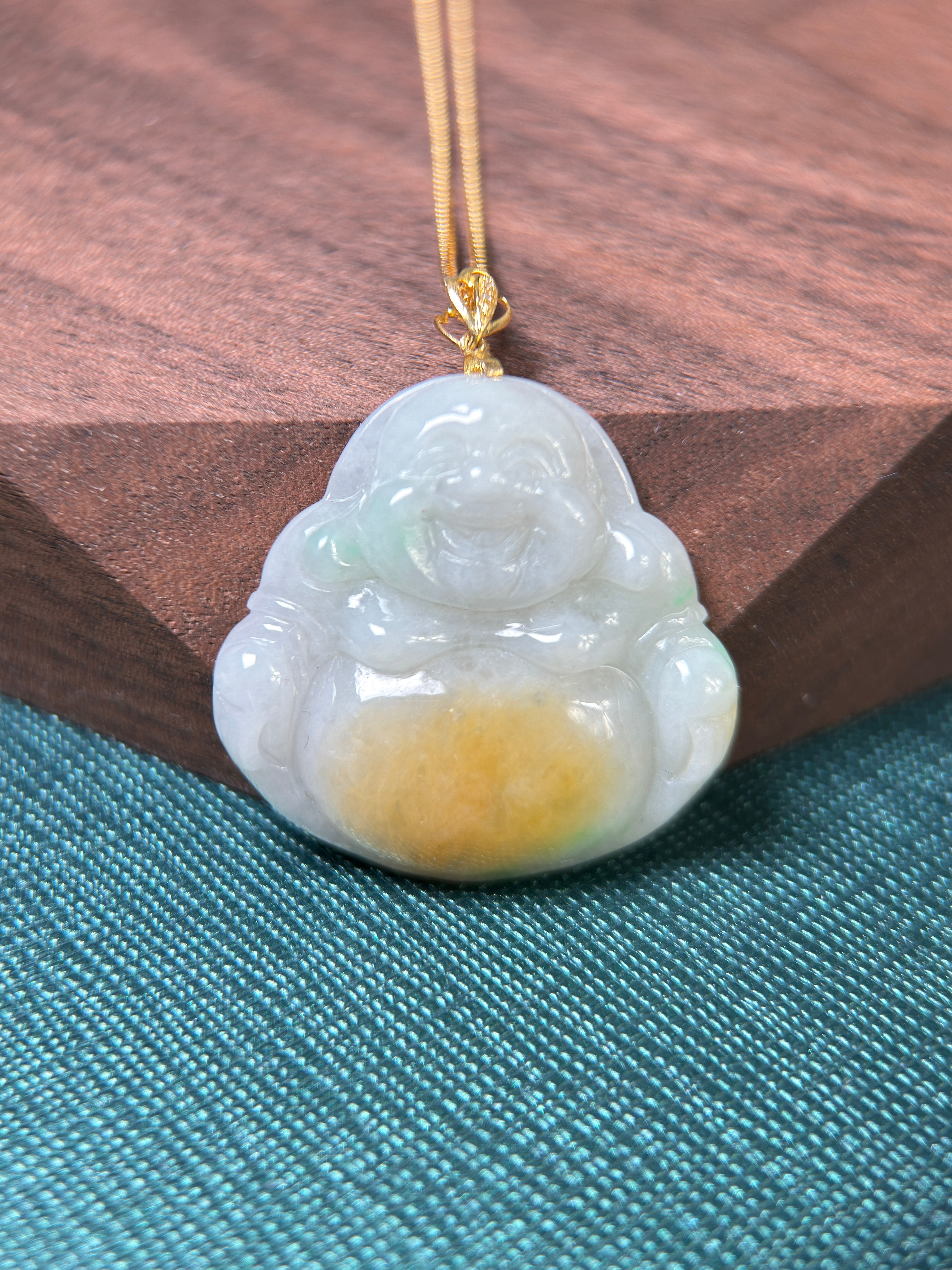 Genuine Burmese Yellow Jadeite Jade Happy Buddha Pendant with 18K Gold Bail