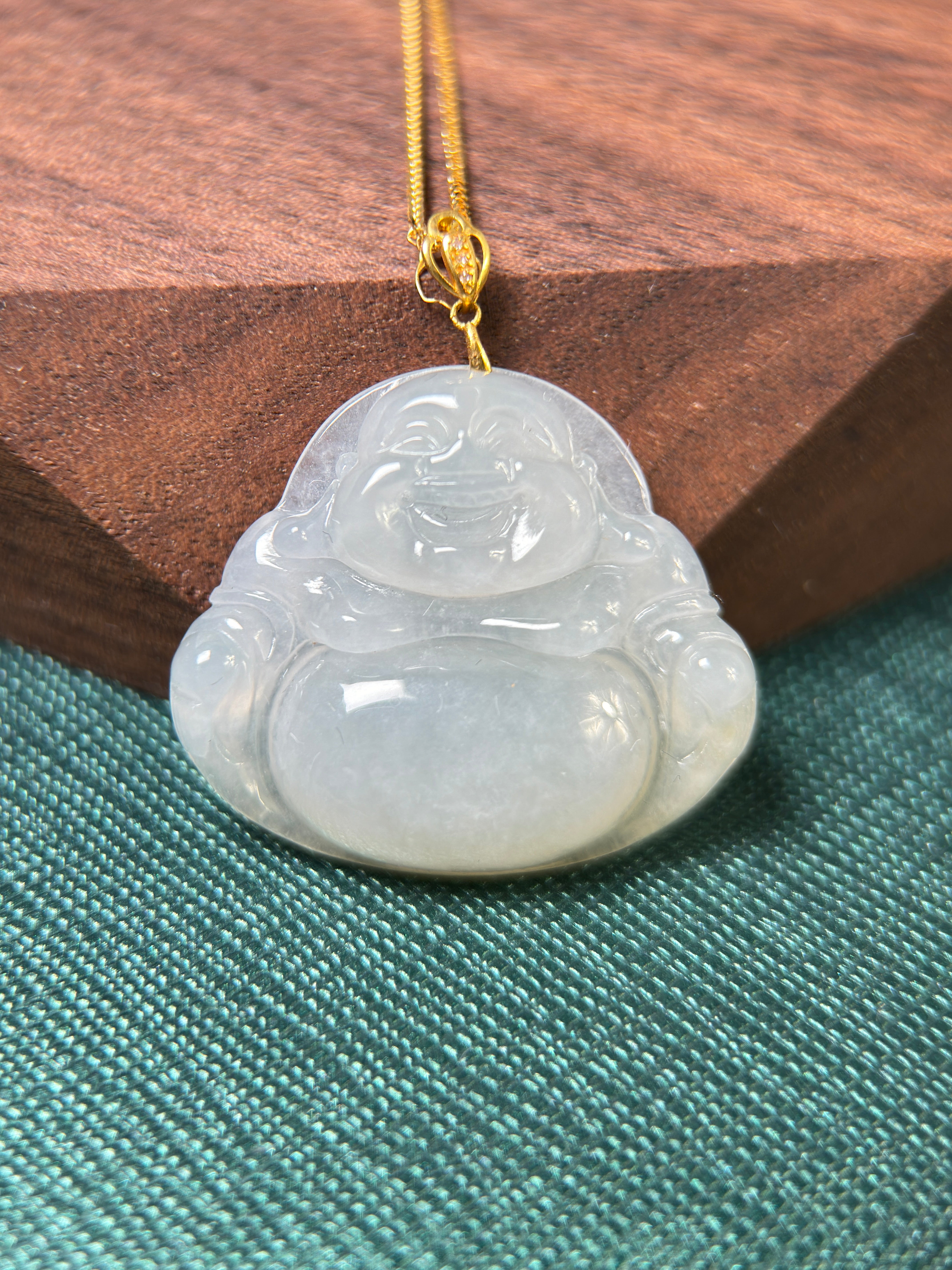 Genuine Burmese Icy Jadeite Jade Happy Buddha Pendant with 18K Gold Bail