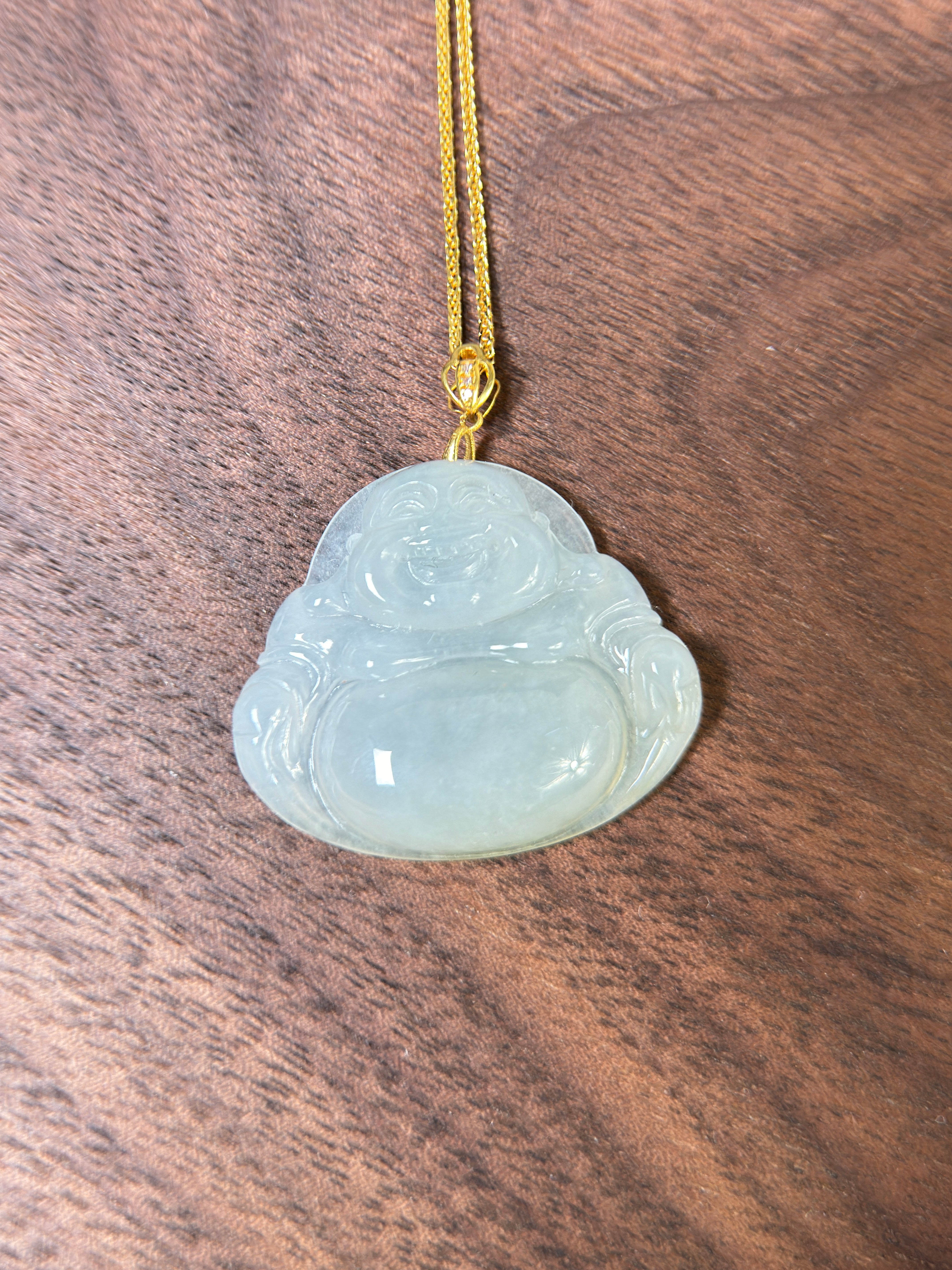 Genuine Burmese Icy Jadeite Jade Happy Buddha Pendant with 18K Gold Bail