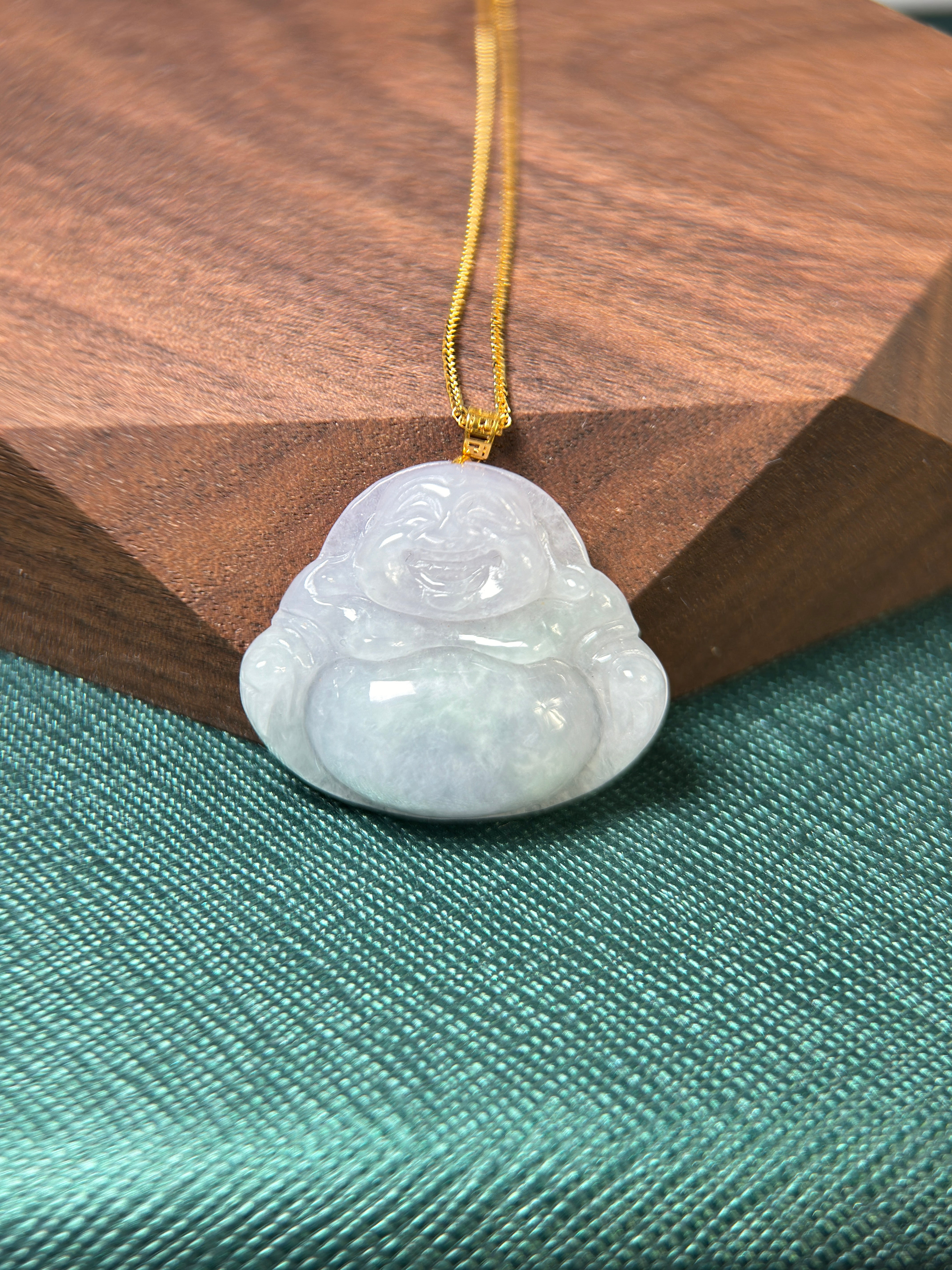 Genuine Burmese Icy Lavender Jadeite Jade Happy Buddha Pendant with 18K Gold Bail