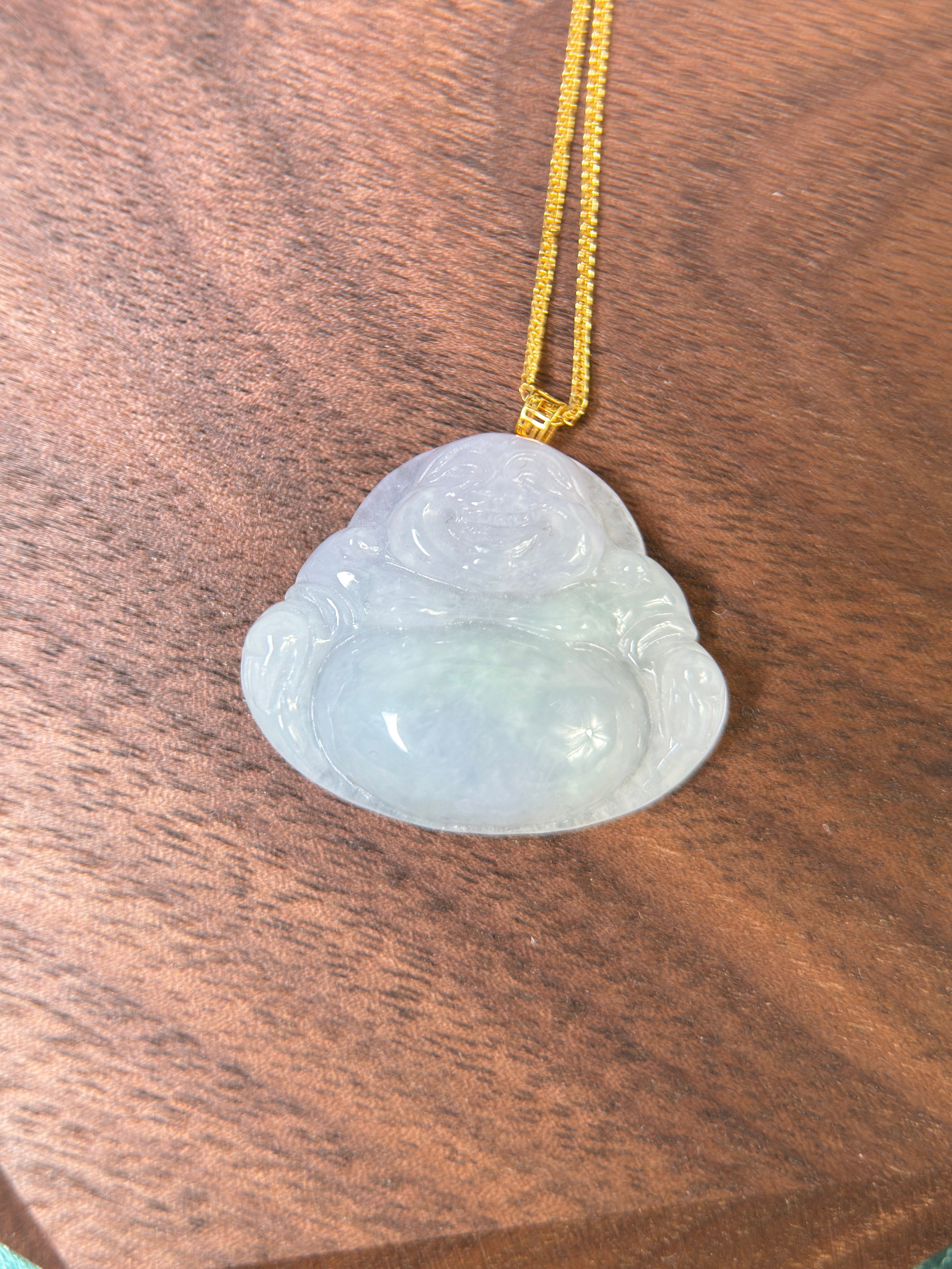 Genuine Burmese Icy Lavender Jadeite Jade Happy Buddha Pendant with 18K Gold Bail