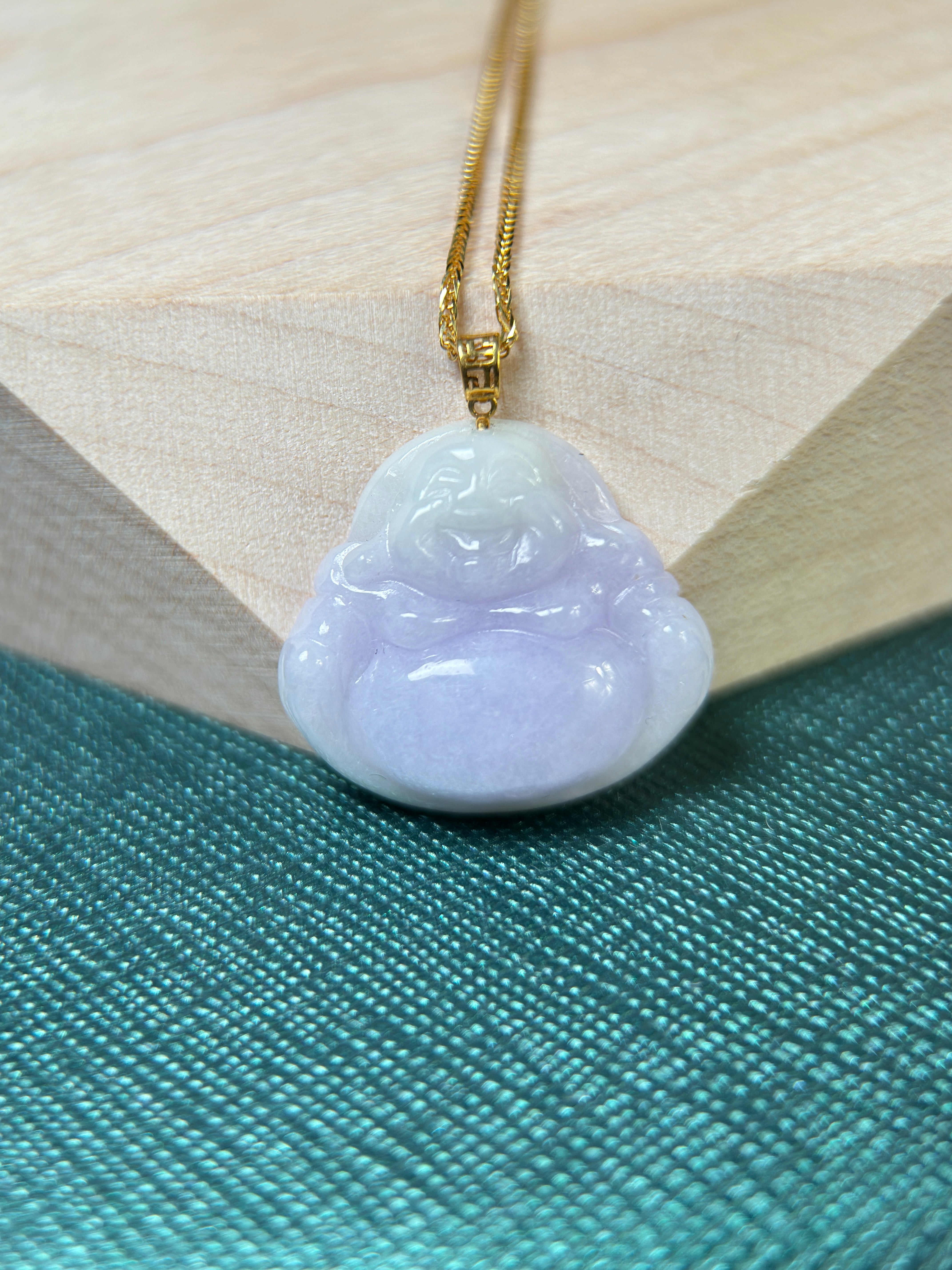 Genuine Burmese Lavender Jadeite Jade Happy Buddha Pendant with 18K Gold Bail