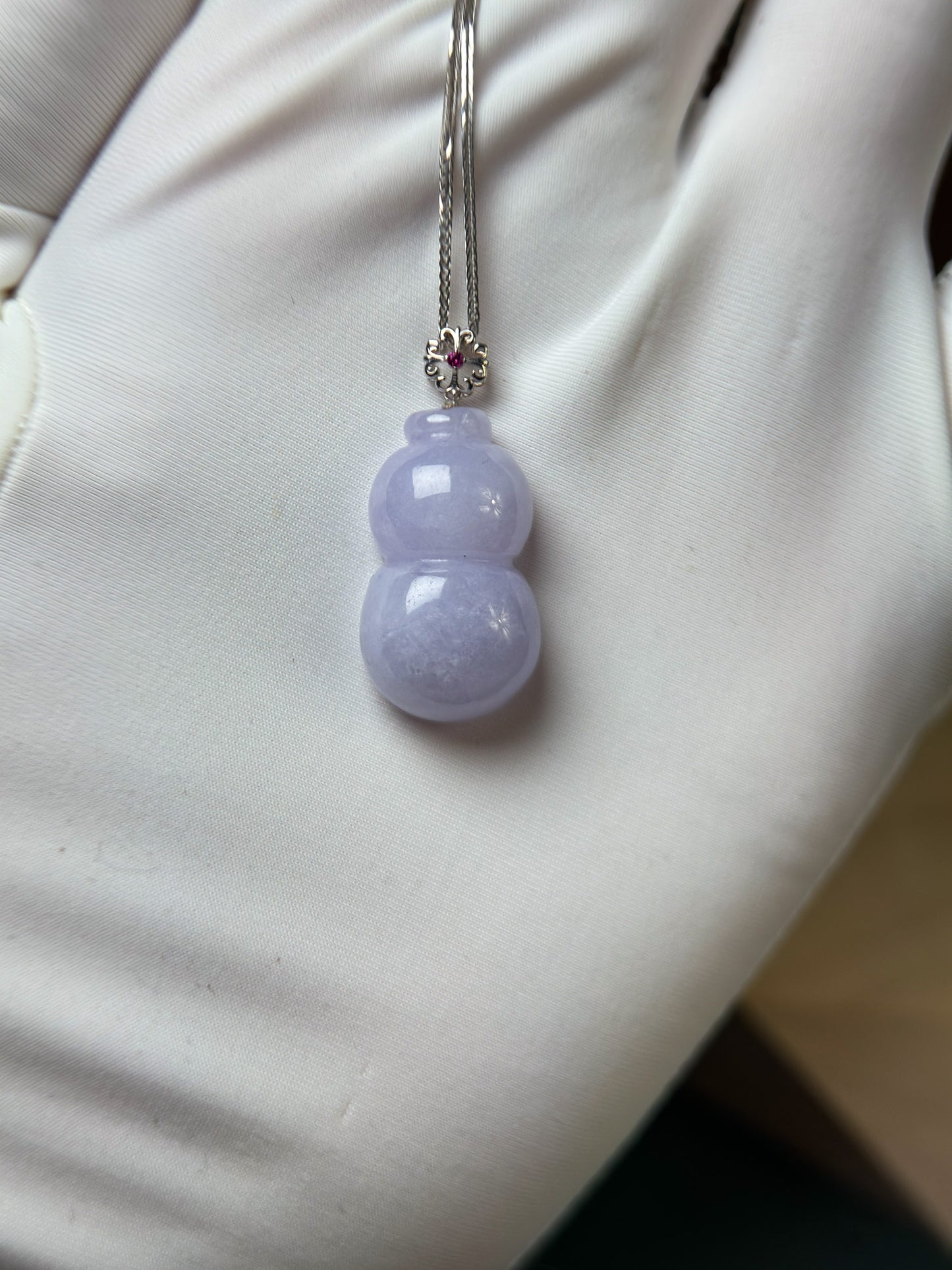 "Lucky Gourd HuLu" Genuine Green Jadeite Bottle Gourd Pendant Necklace With 18k White Gold Bail