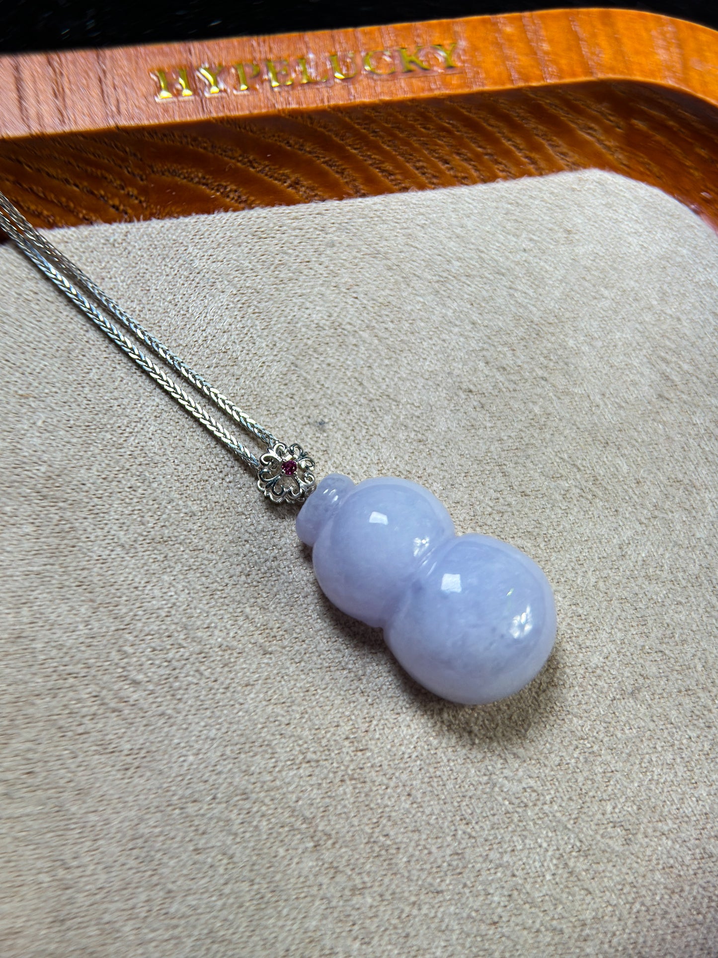 "Lucky Gourd HuLu" Genuine Green Jadeite Bottle Gourd Pendant Necklace With 18k White Gold Bail